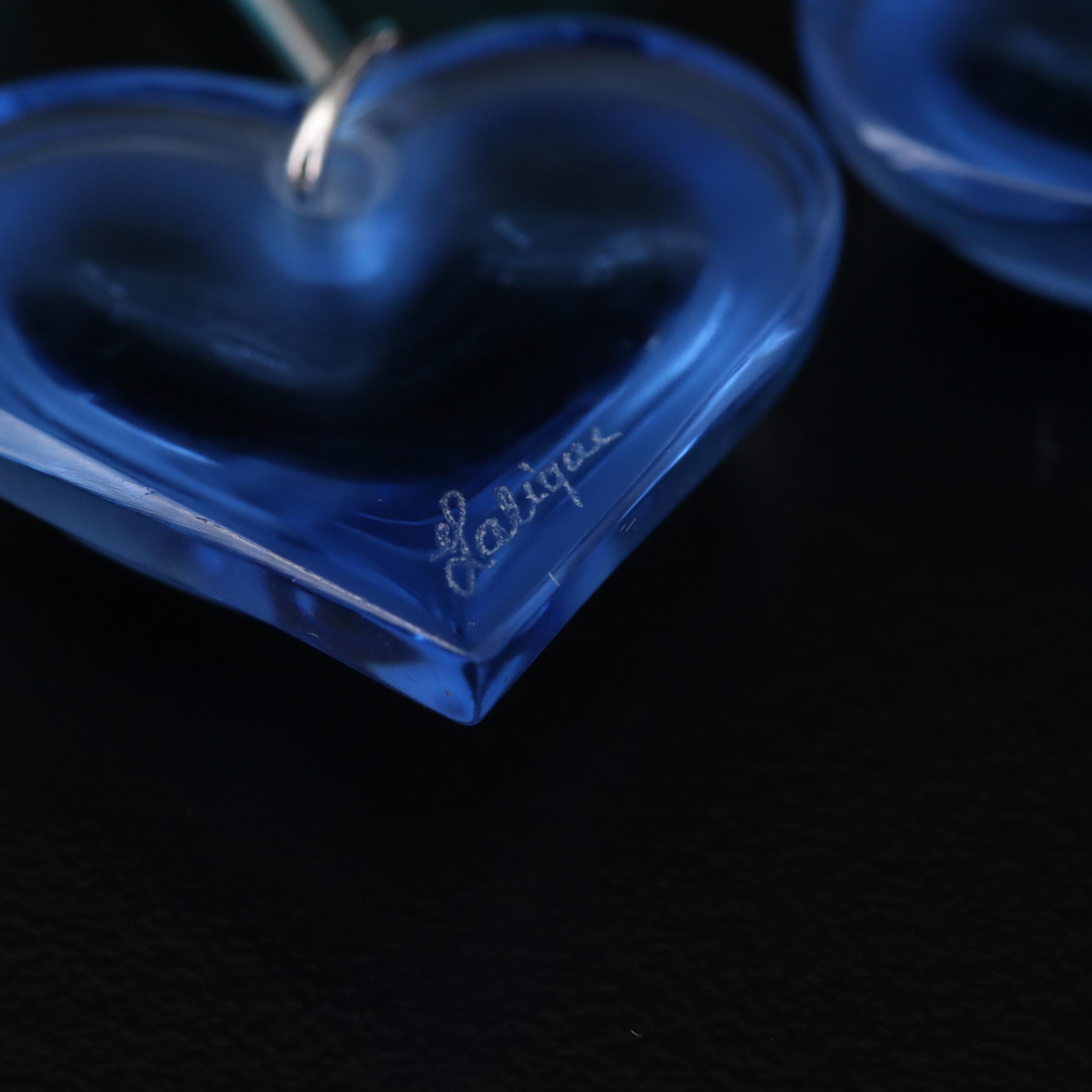 Lalique "Coeur" Sterling Silver Blue Crystal Double Heart Dangle Earrings