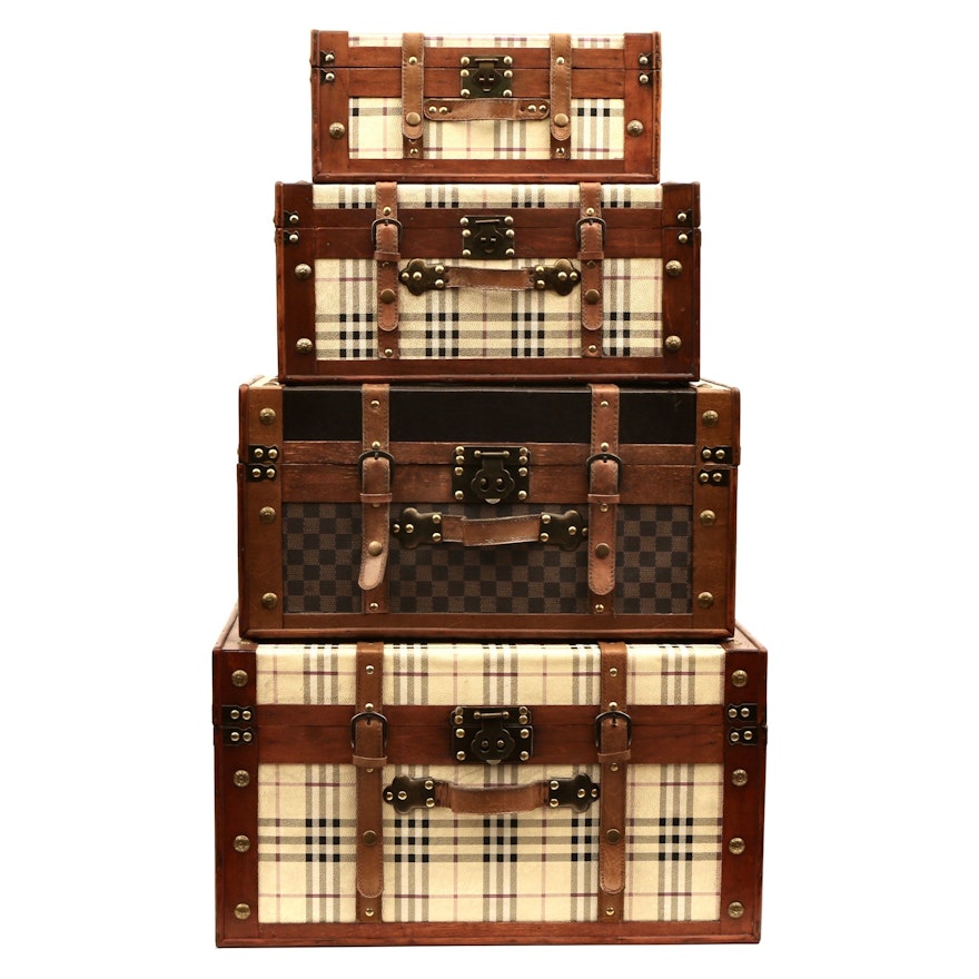 Plaid, Leather and Wood Decorative Travel Suitcases with Studs