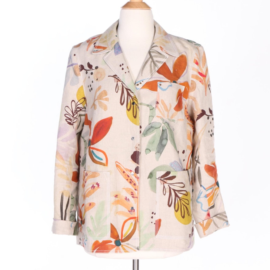 Lafayette 148 New York Linen Jacket in Multicolor Florals and Foliate Motif