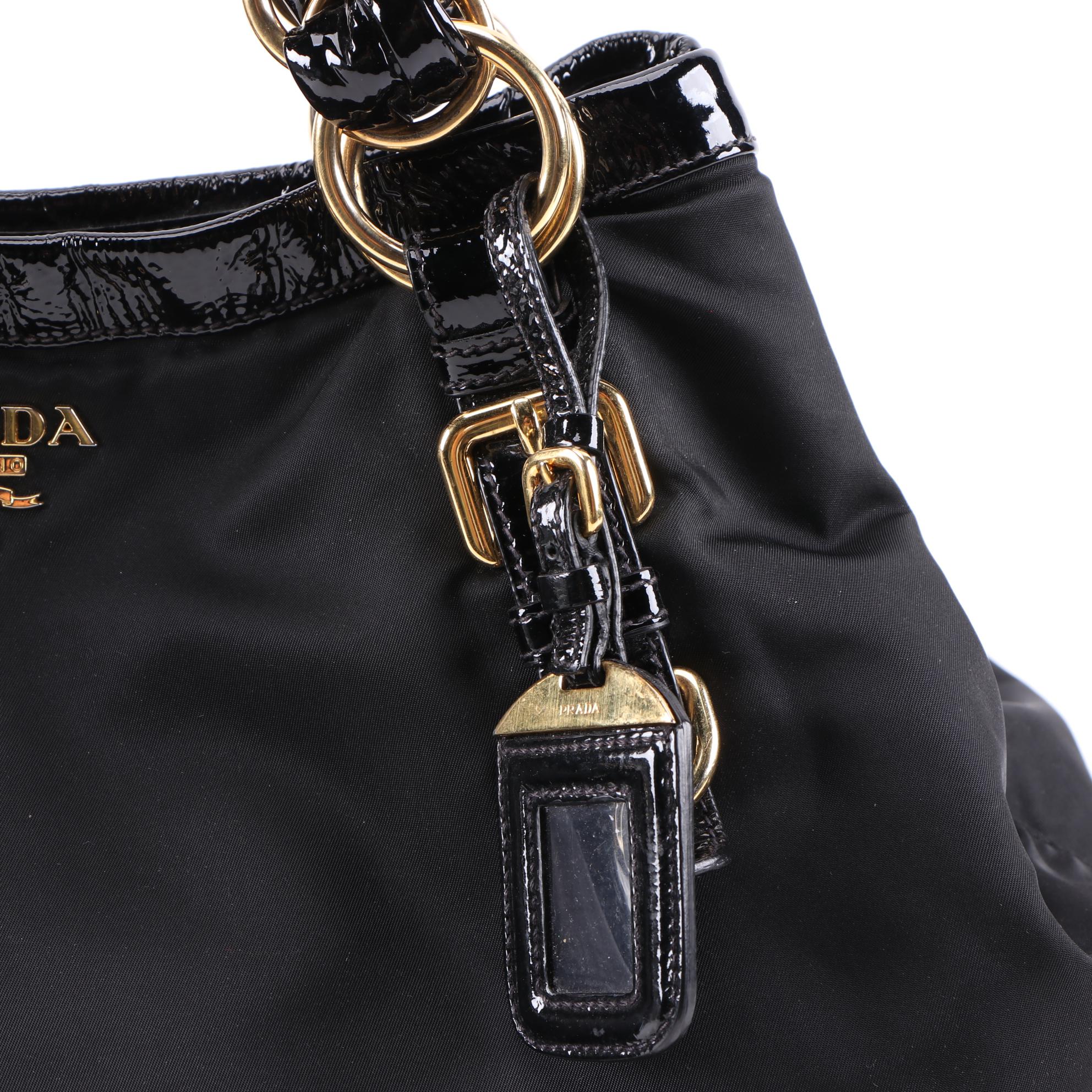 Prada Double Chain Black Tessuto Nylon Tote with Patent Leather Trim