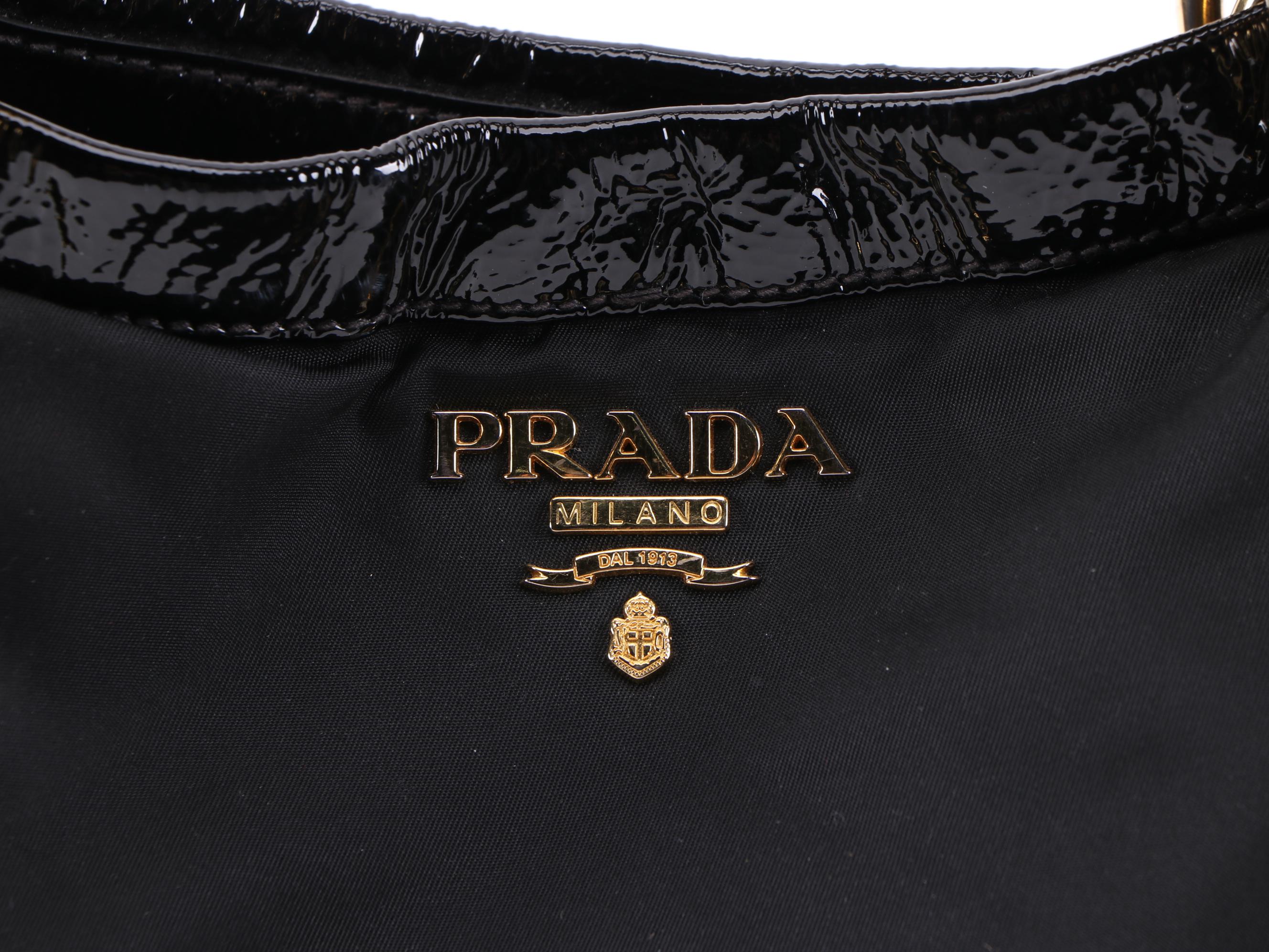 Prada Double Chain Black Tessuto Nylon Tote with Patent Leather Trim