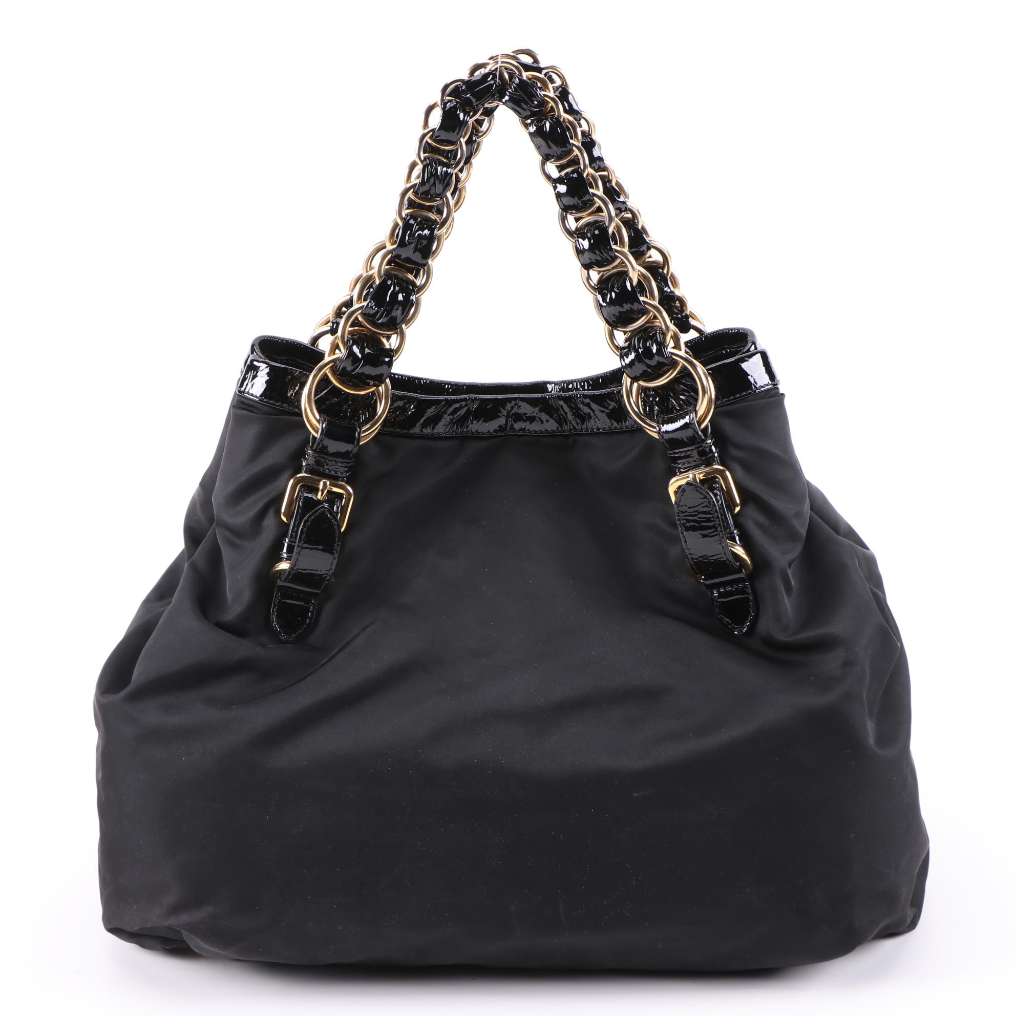 Prada Double Chain Black Tessuto Nylon Tote with Patent Leather Trim