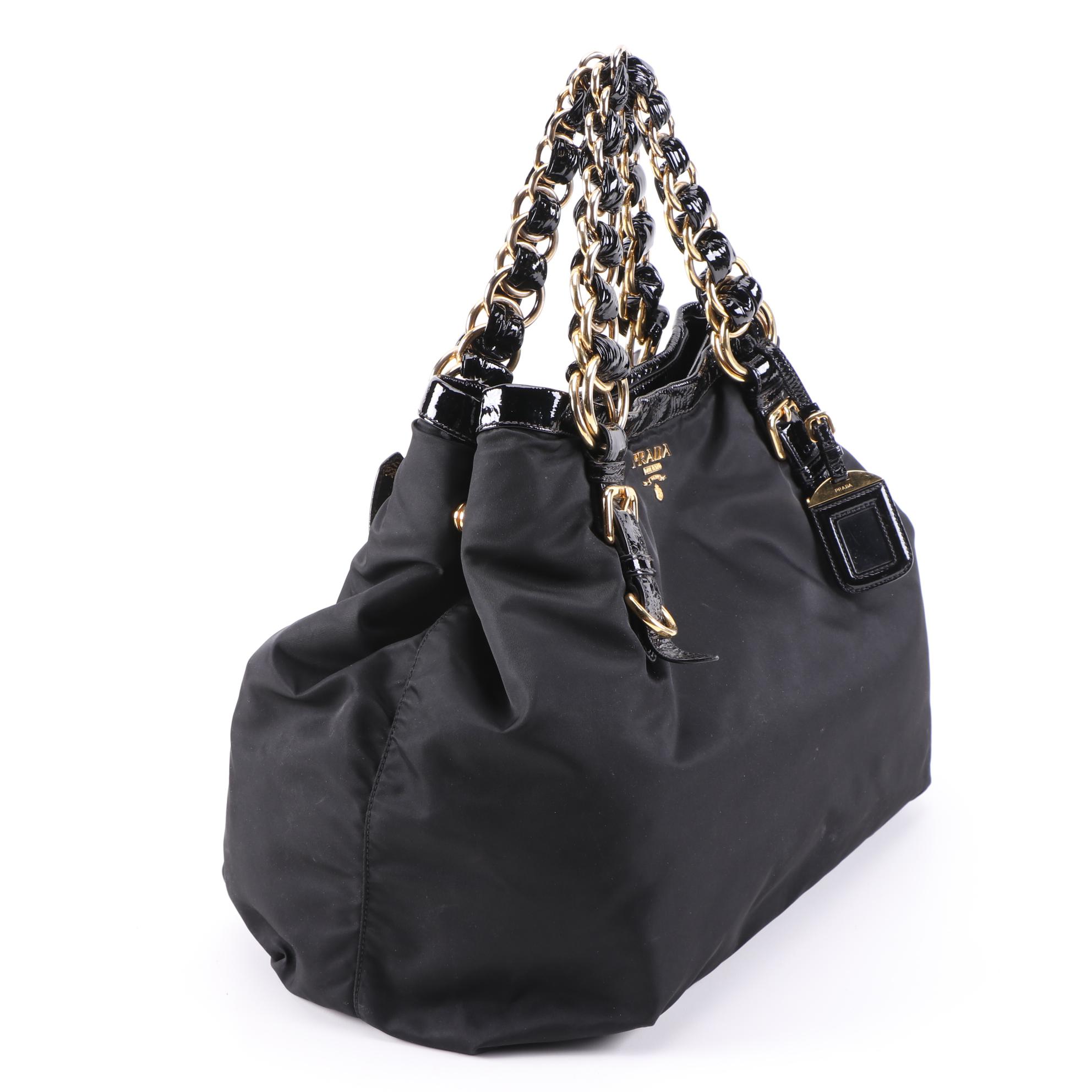 Prada Double Chain Black Tessuto Nylon Tote with Patent Leather Trim