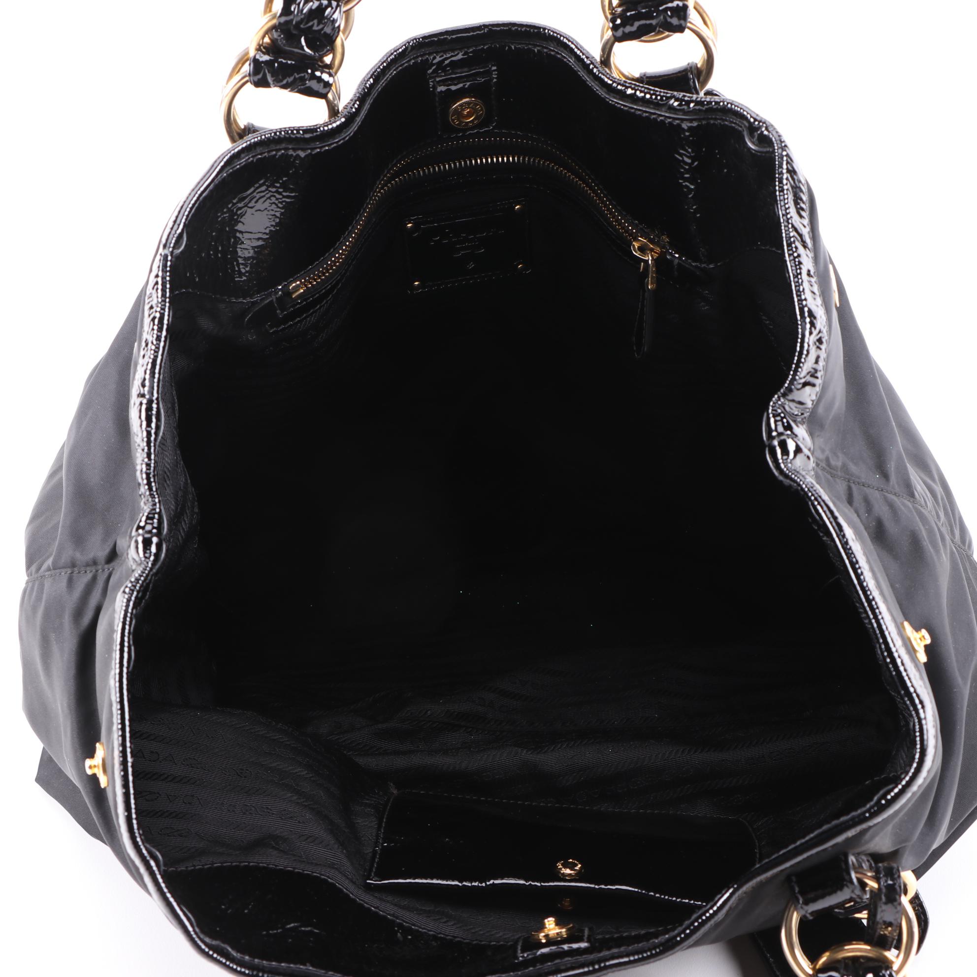 Prada Double Chain Black Tessuto Nylon Tote with Patent Leather Trim