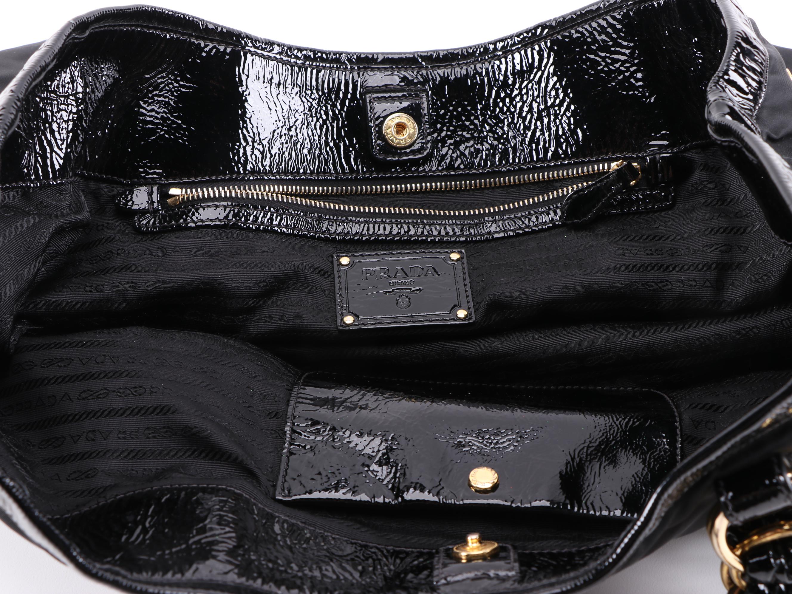 Prada Double Chain Black Tessuto Nylon Tote with Patent Leather Trim
