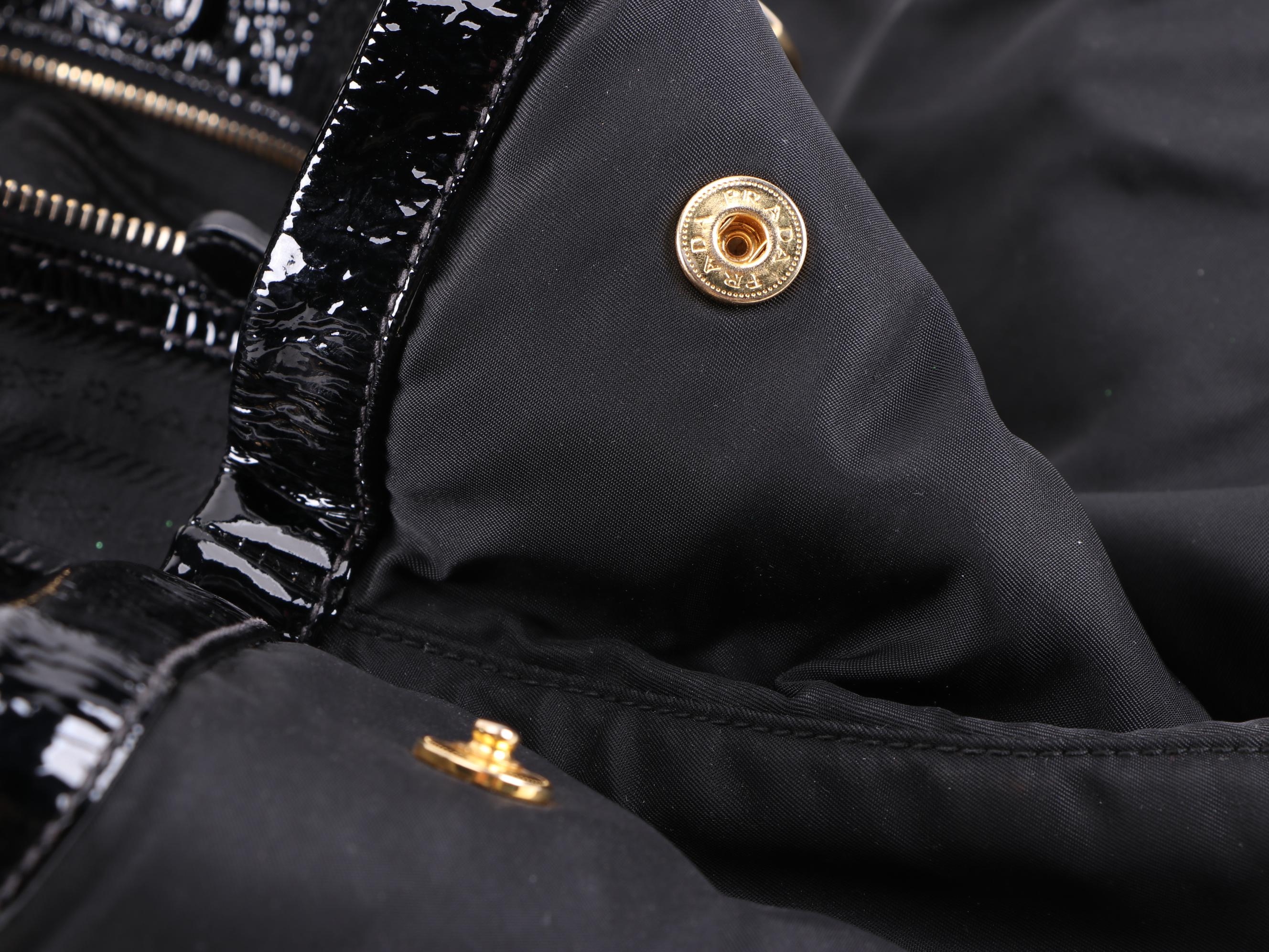 Prada Double Chain Black Tessuto Nylon Tote with Patent Leather Trim