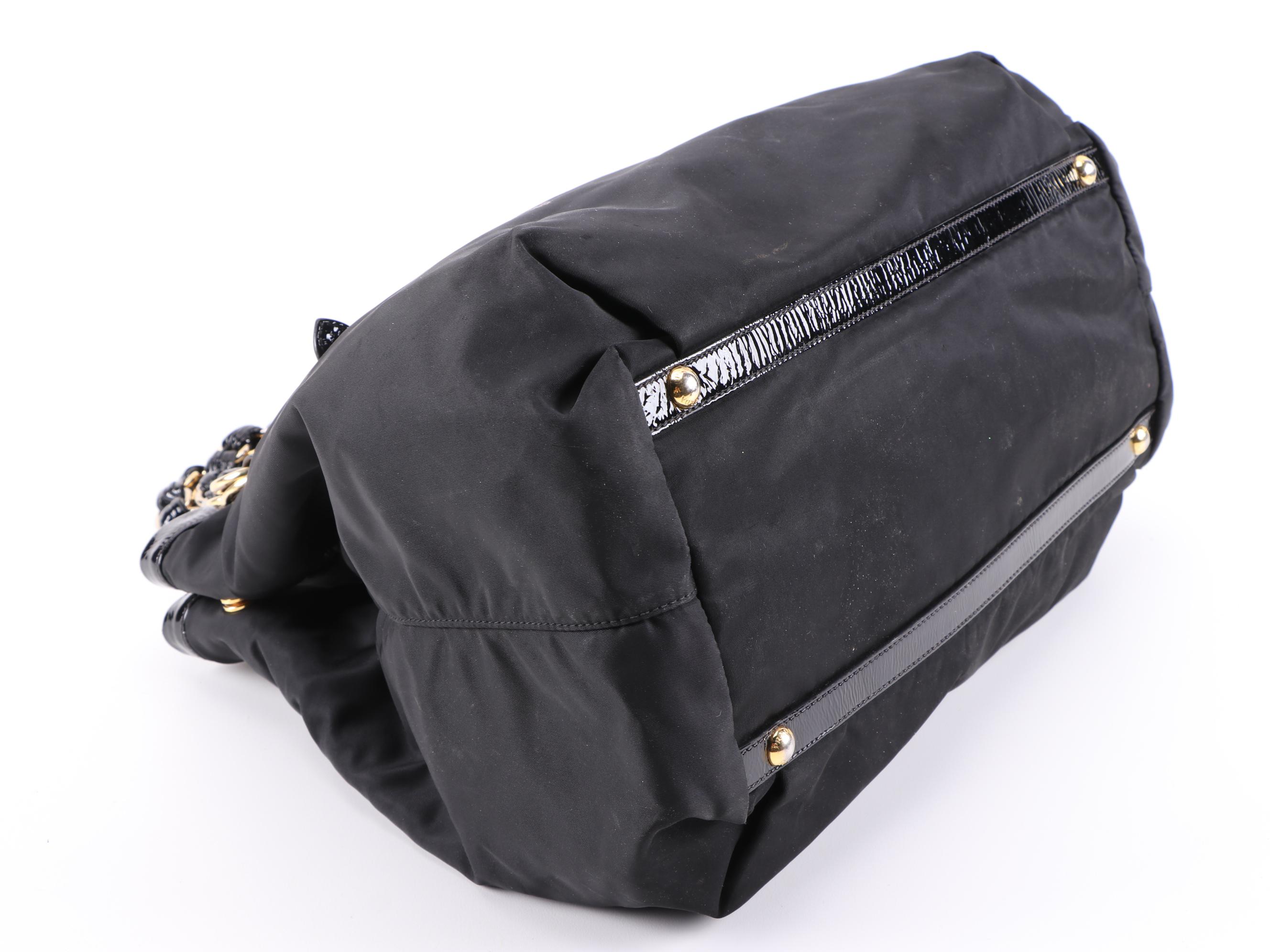 Prada Double Chain Black Tessuto Nylon Tote with Patent Leather Trim