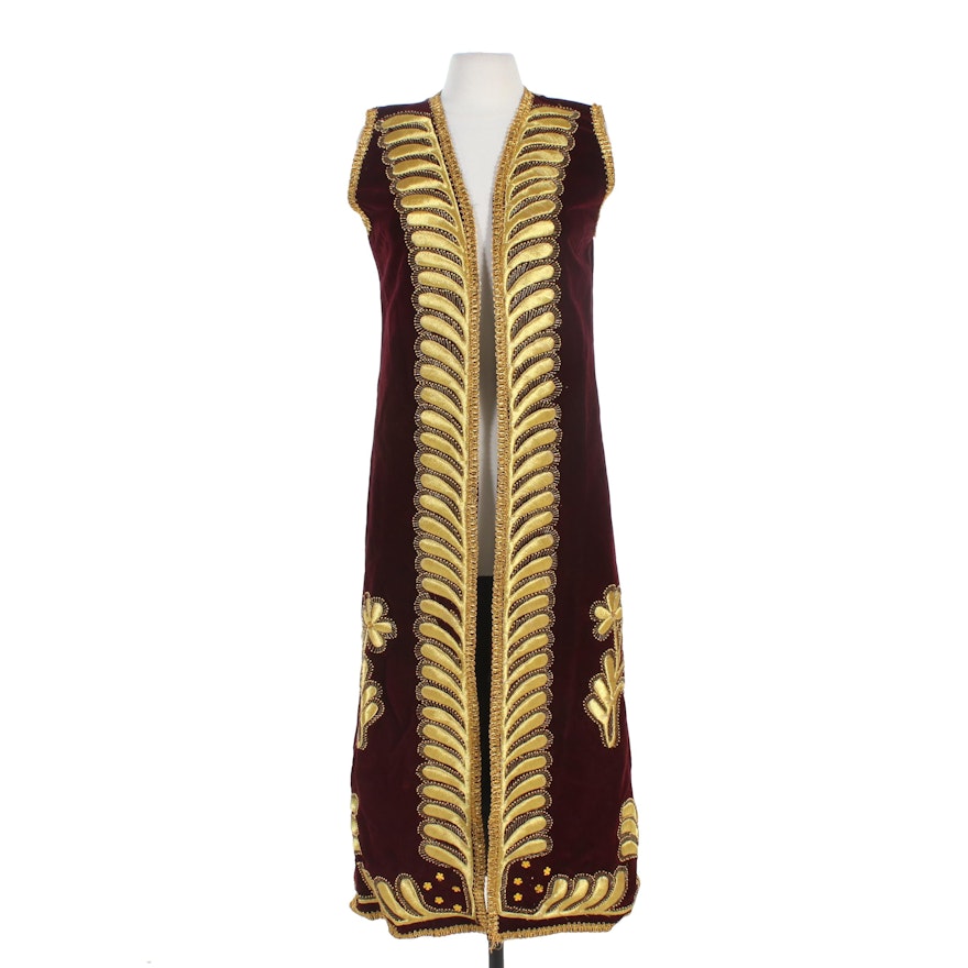 Beaded Burgundy Velvet and Gold Embroidered Full-Length Vest, Vintage