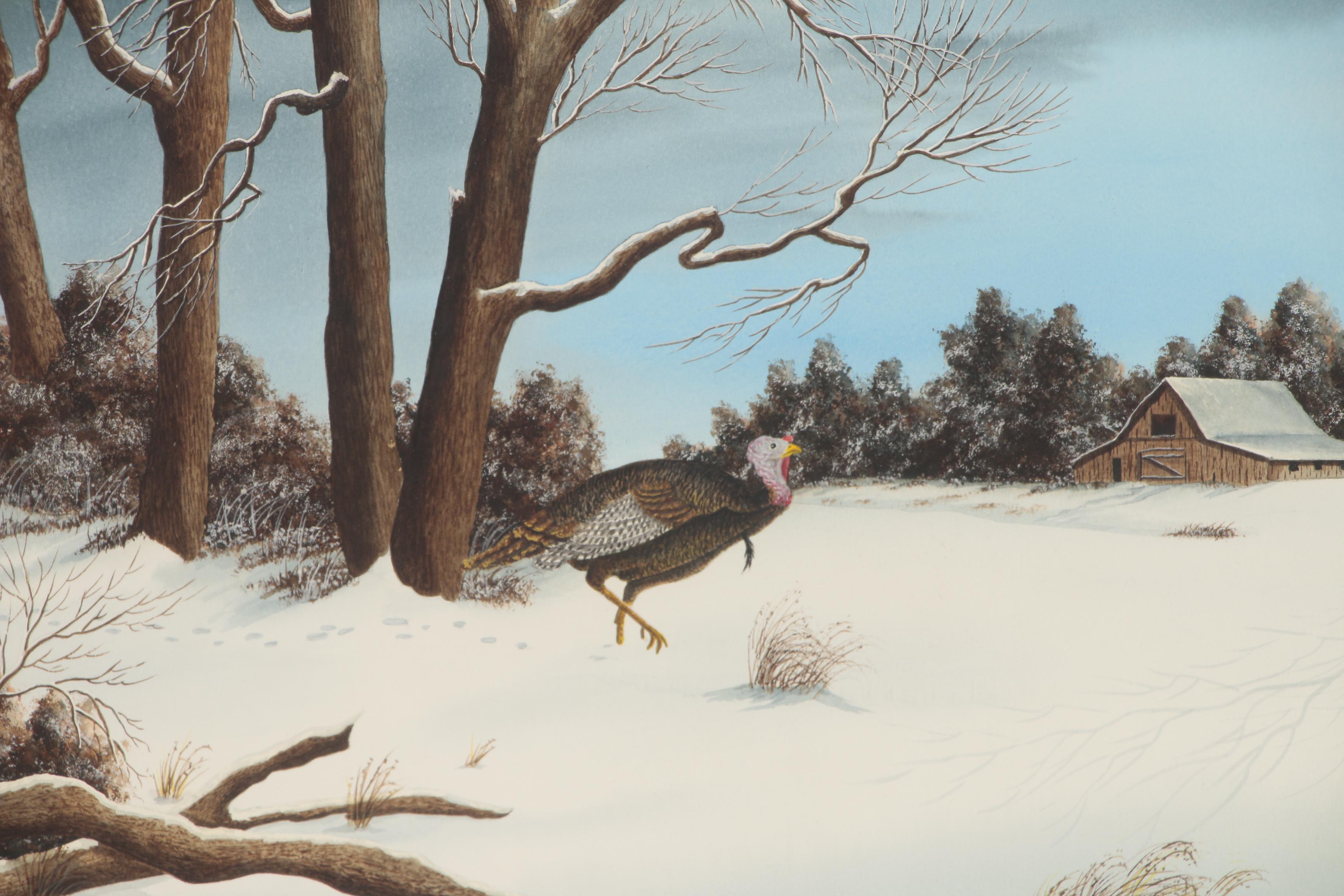 Bill Selfridge Winter Landscape Watercolor Painting with Turkey, 1984