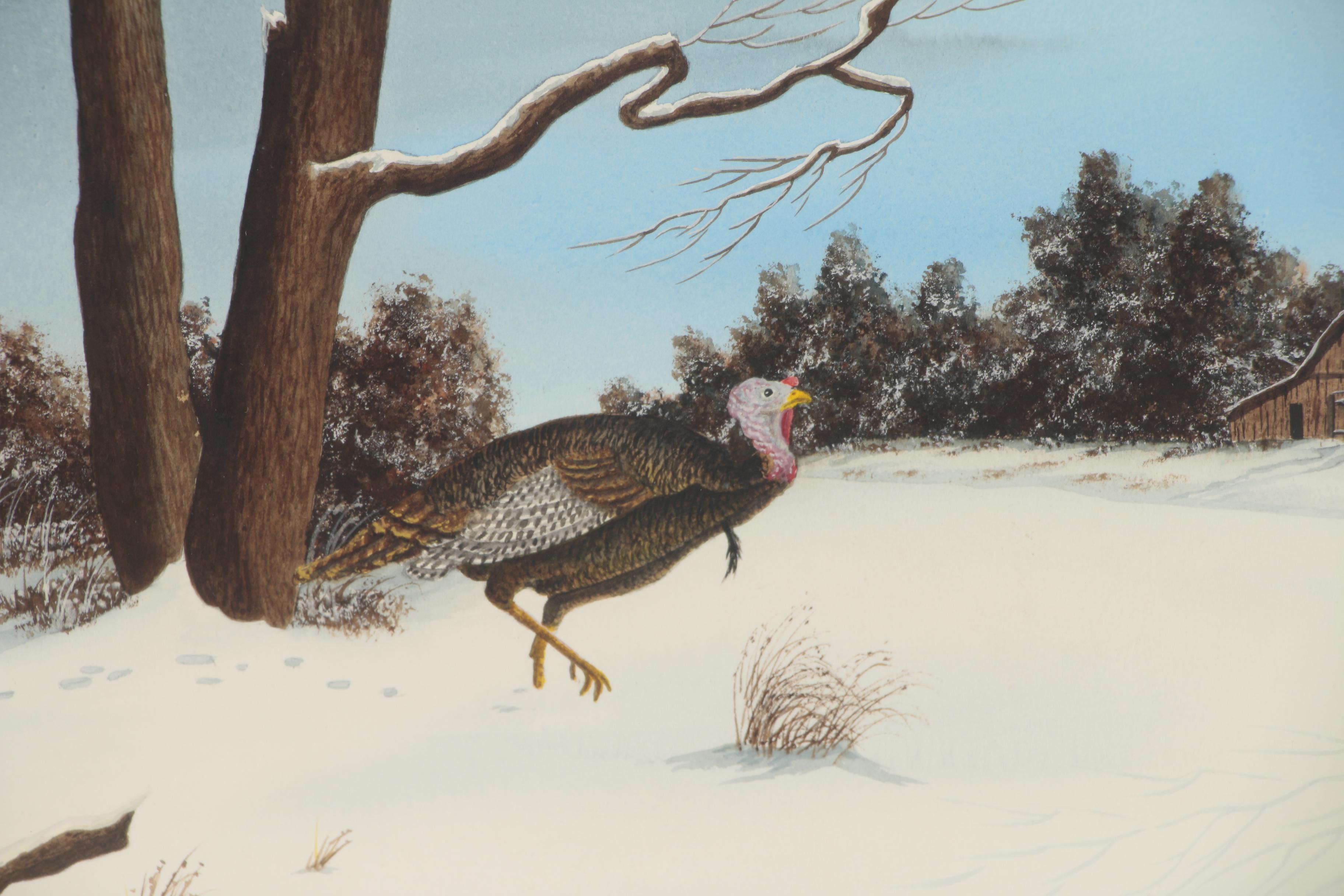 Bill Selfridge Winter Landscape Watercolor Painting with Turkey, 1984