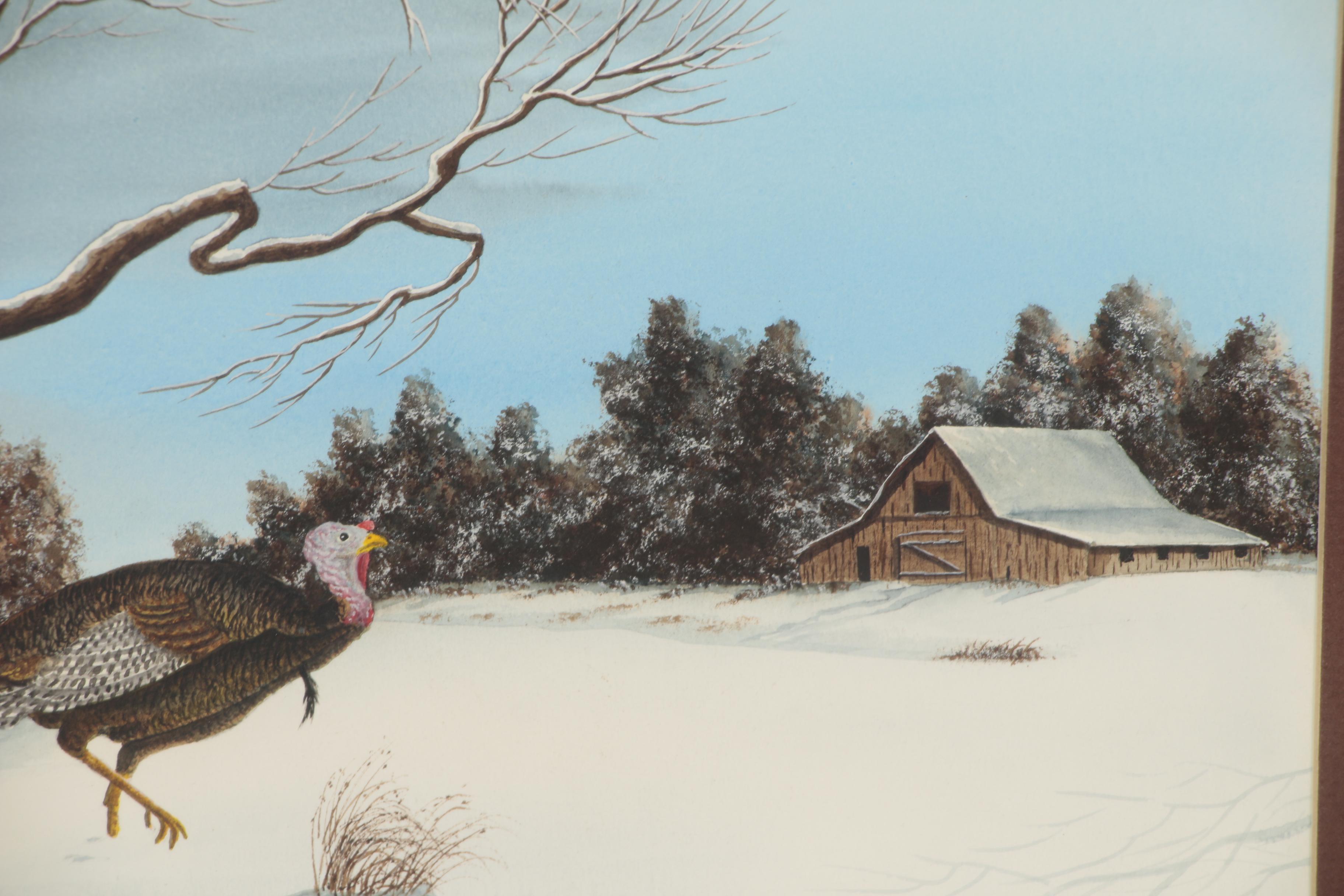 Bill Selfridge Winter Landscape Watercolor Painting with Turkey, 1984