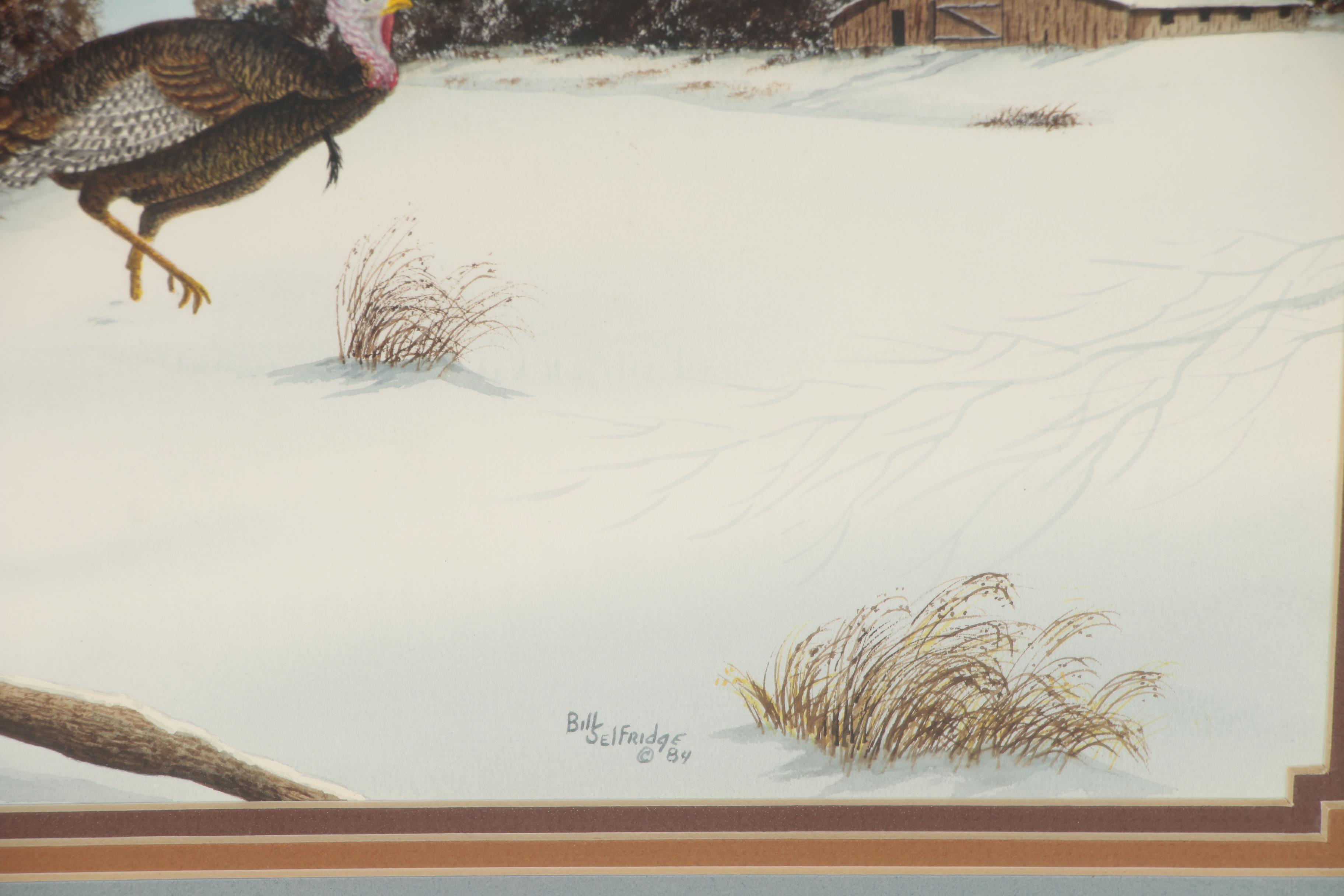 Bill Selfridge Winter Landscape Watercolor Painting with Turkey, 1984