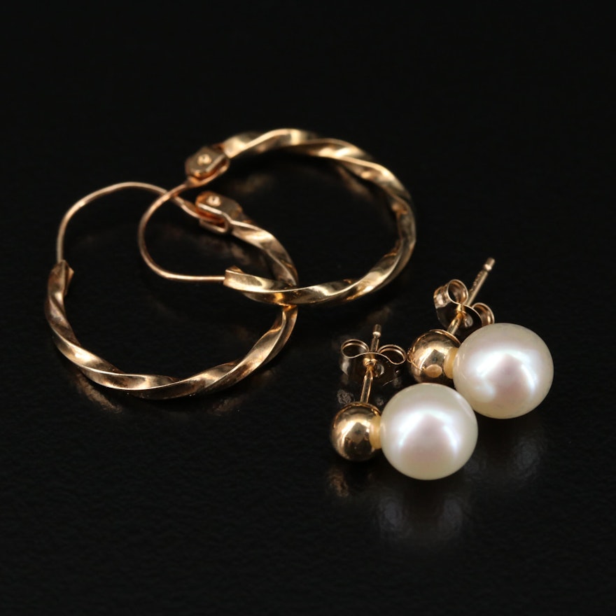 14K Yellow Gold Hoop Earrings and Cultured Pearl Studs