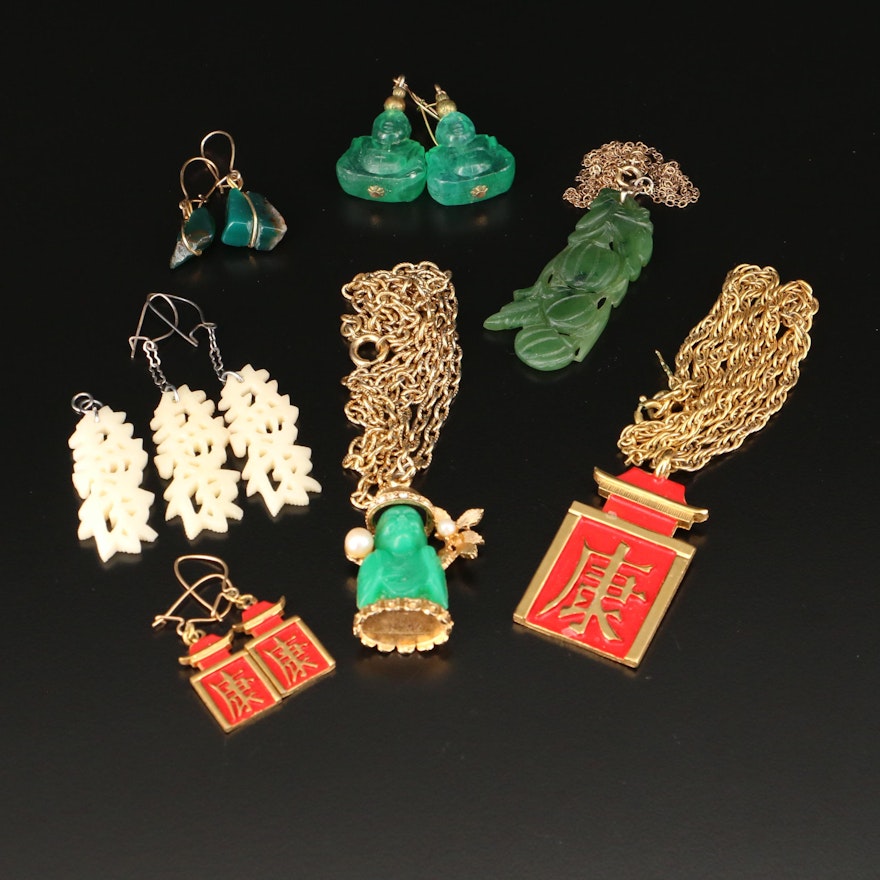 Vintage Asian Earrings and Necklace Selection With Trifari and Gemstone Accents