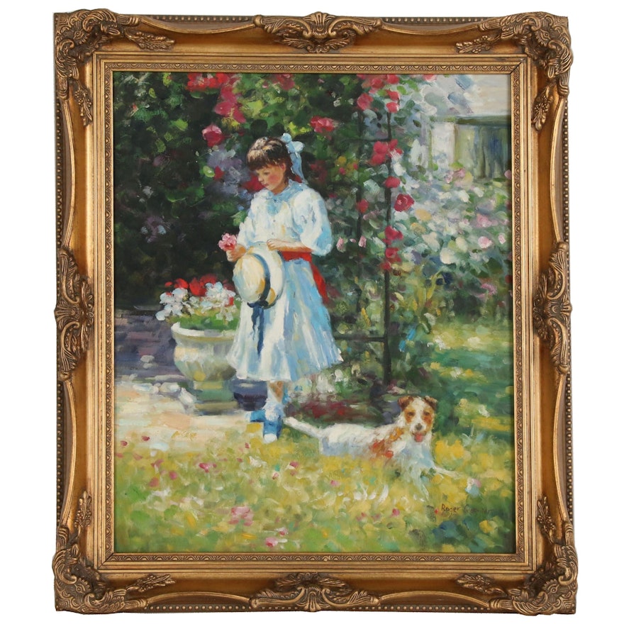 Roger Garnier Impressionist Style Oil Painting of Girl and Dog in Garden