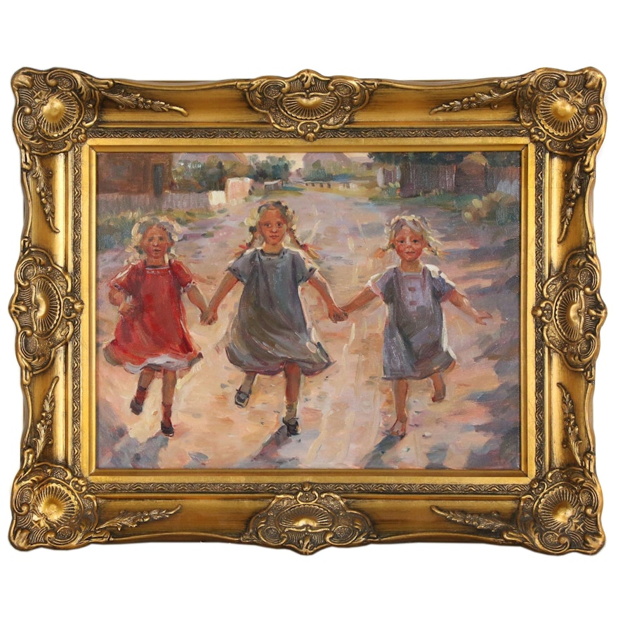 Oil Painting of Three Young Girls Playing in Street