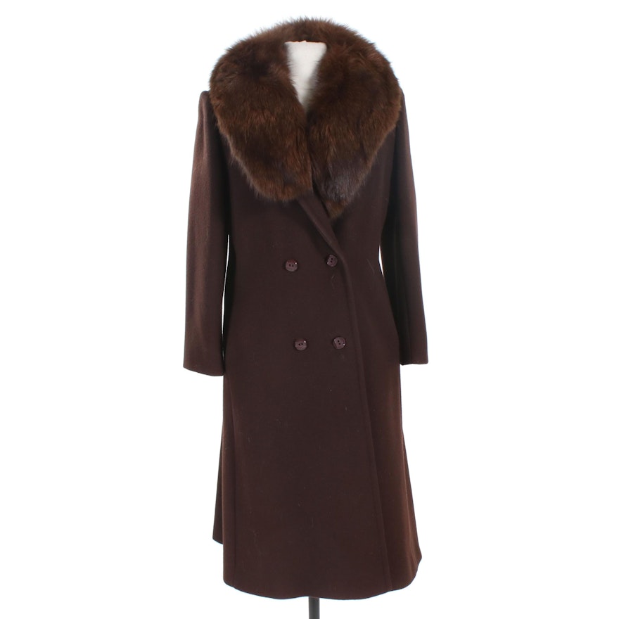 Forstmann Brown Wool Double-Breasted Coat with Dyed Fox Collar