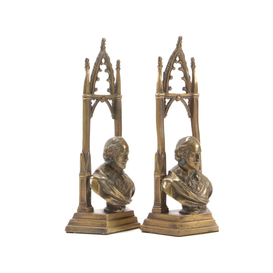 Cast Brass William Shakespeare Bookends, Early 20th Century