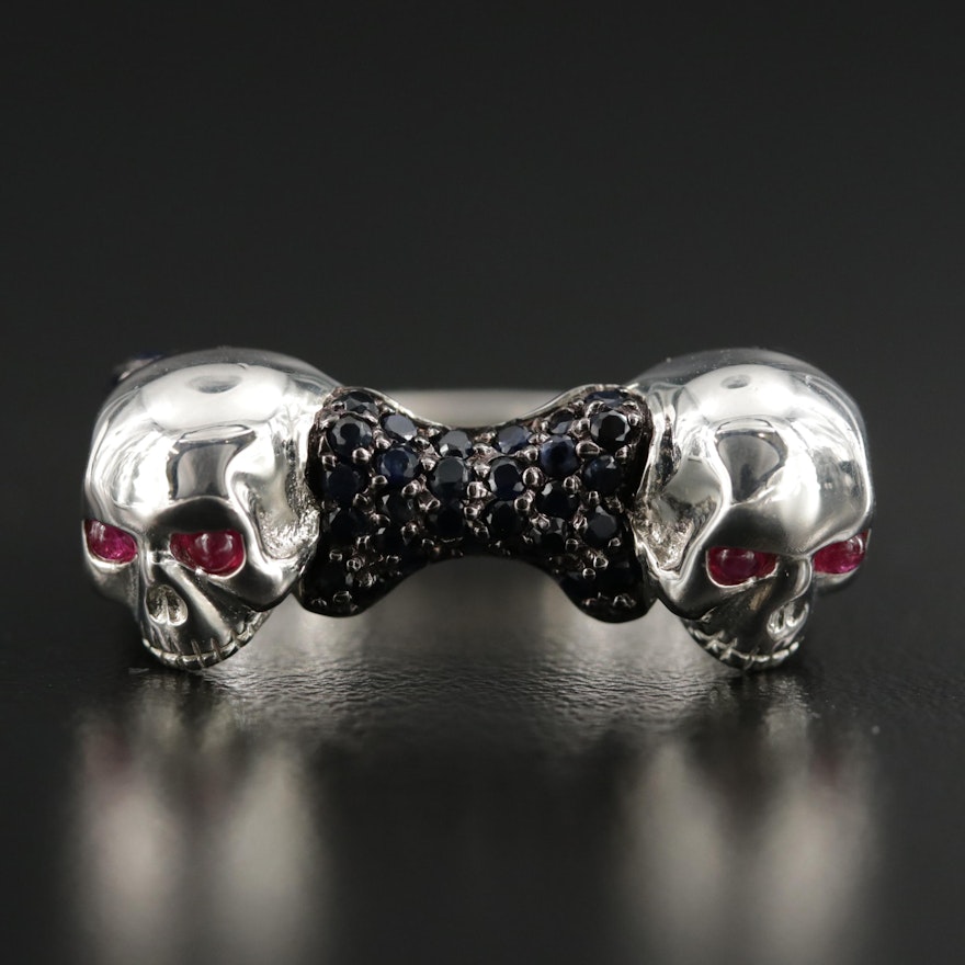 Stephen Webster Sterling Silver Ruby and Sapphire "Skull and Bones" Ring