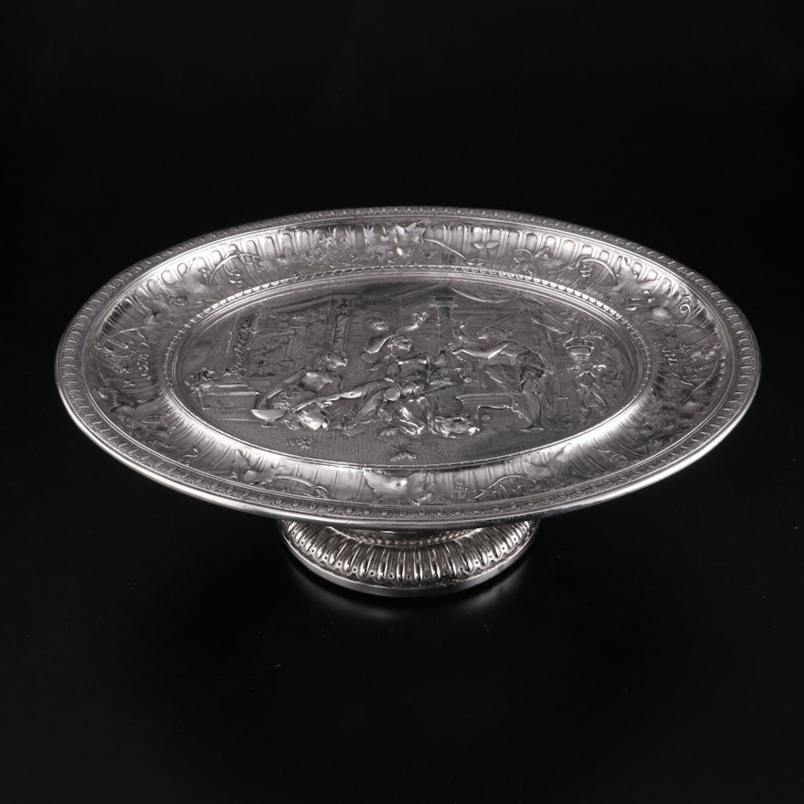 Neoclassical Style Bas Relief Silver Plate and Wood Footed Serving Dish