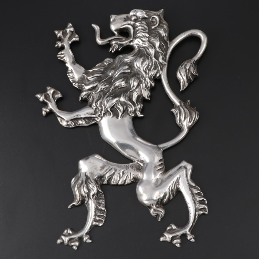 Medieval Style Silver Tone Heraldic Lion Plaque