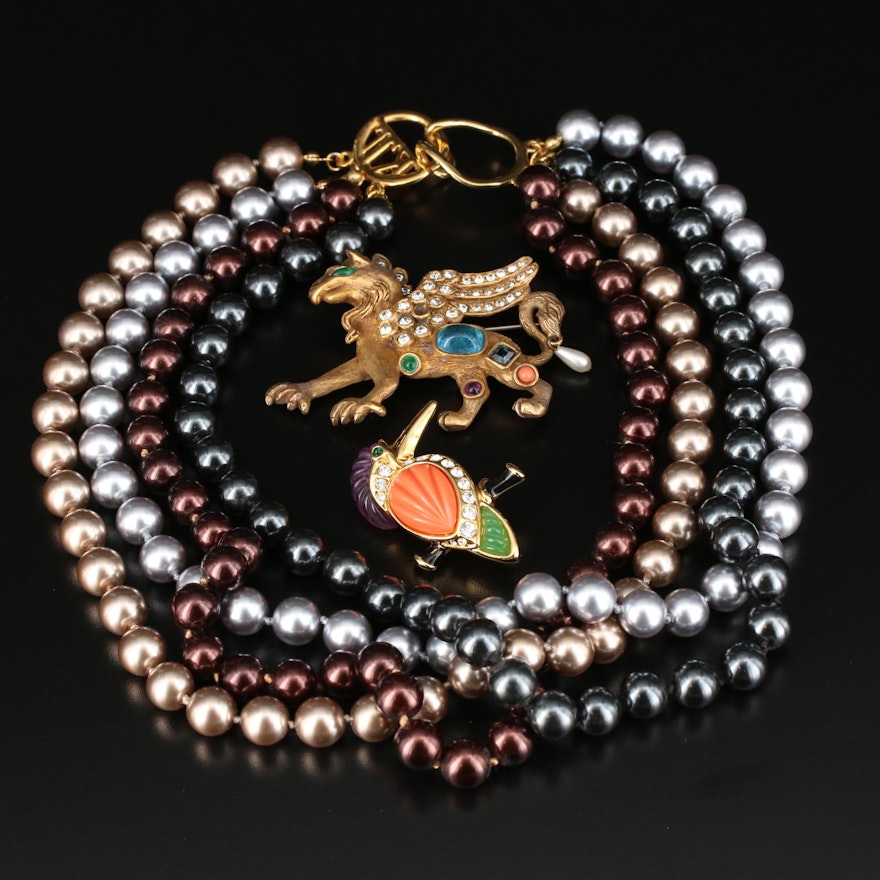 Imitation Pearl Multi-Strand Necklace With Glass Bird and Griffin Brooches