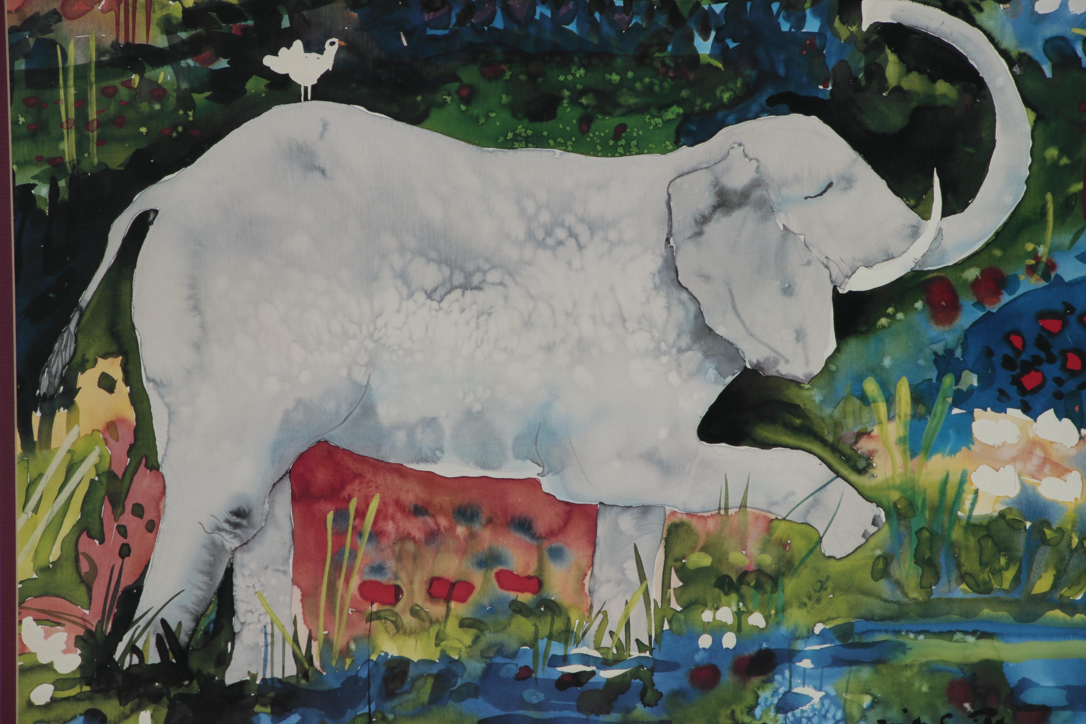 Offset Lithograph after Mike Smith "Elephant and Bird"