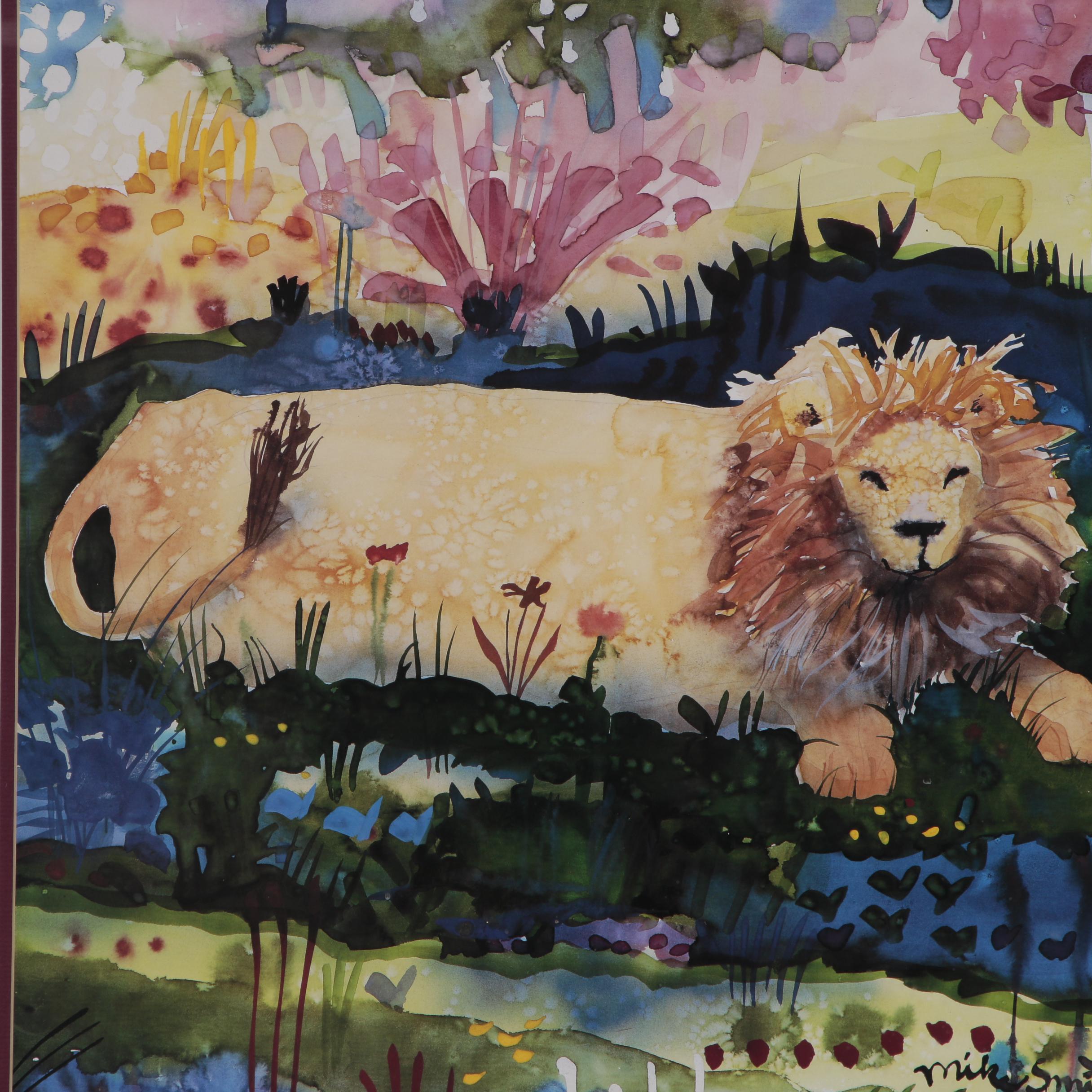 Offset Lithograph after Mike Smith "Lion in the Blue Tree"