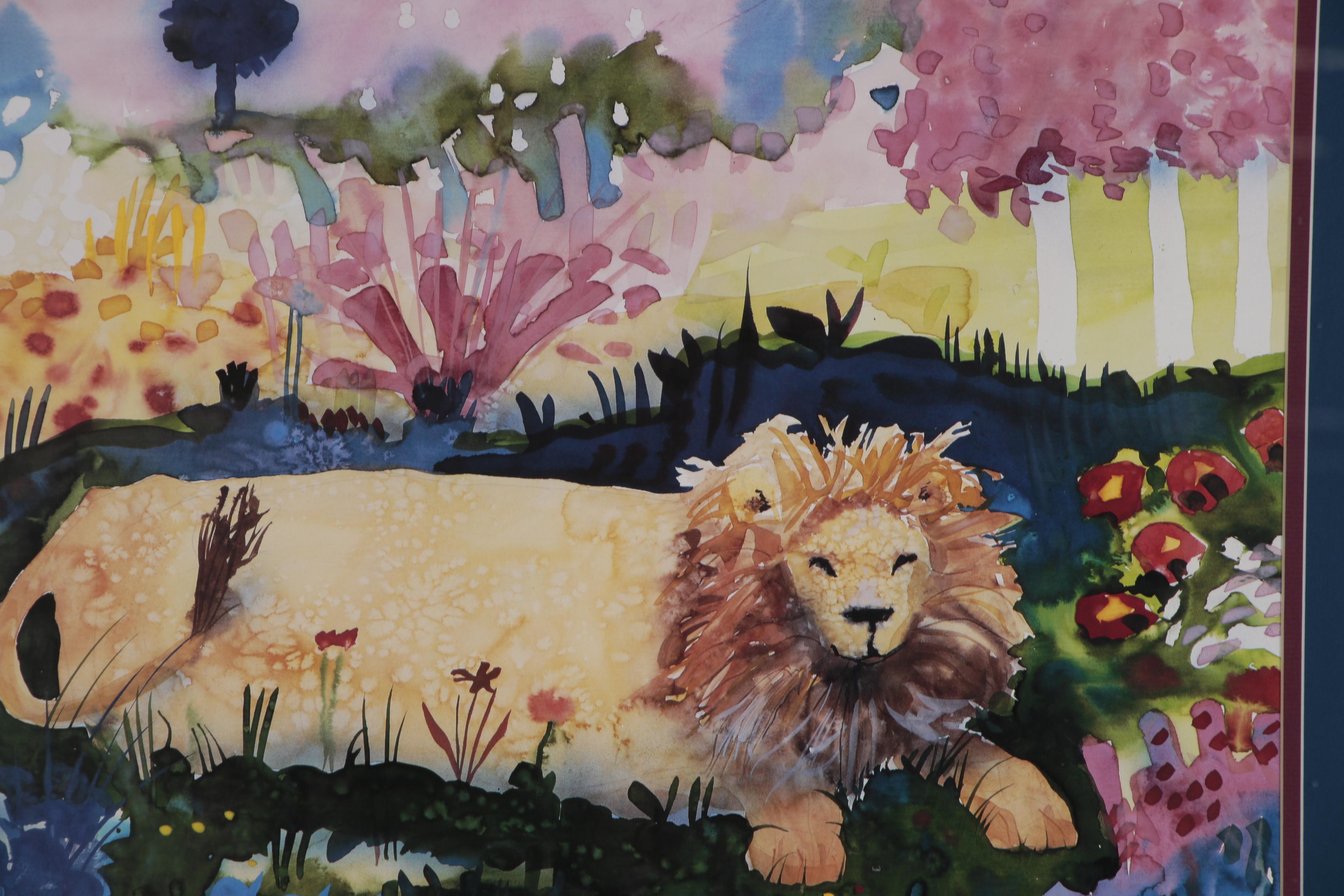 Offset Lithograph after Mike Smith "Lion in the Blue Tree"