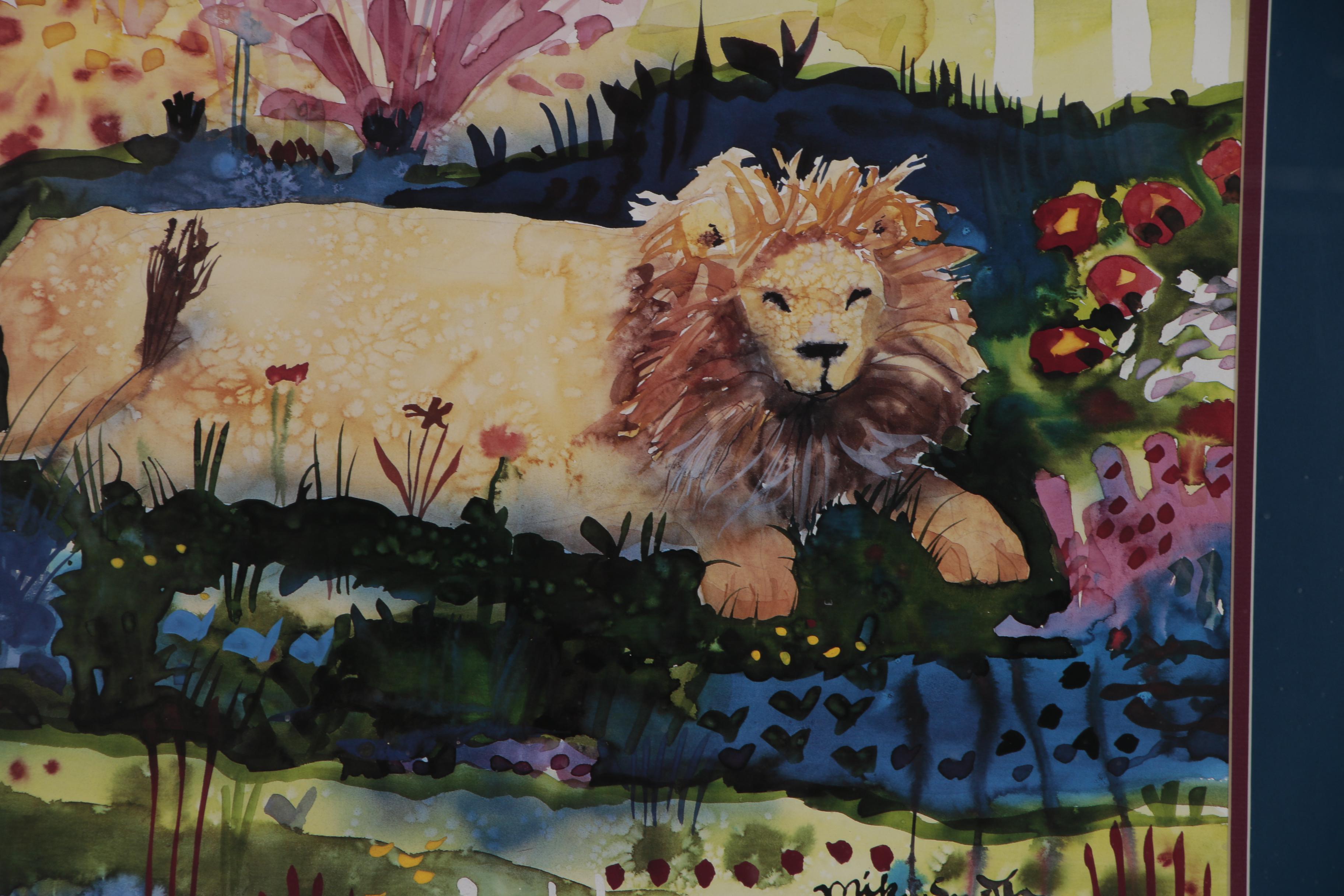 Offset Lithograph after Mike Smith "Lion in the Blue Tree"