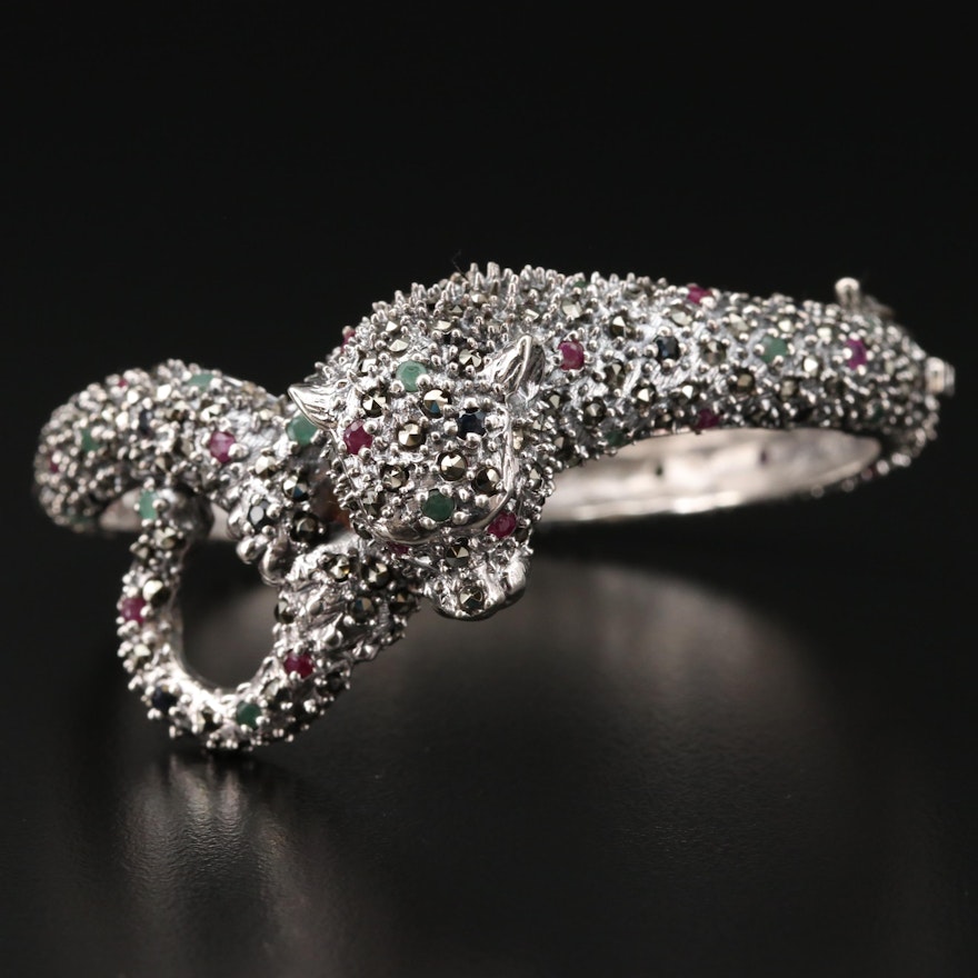 Sterling Silver Ruby, Sapphire and Emerald Feline Hinged Bracelet