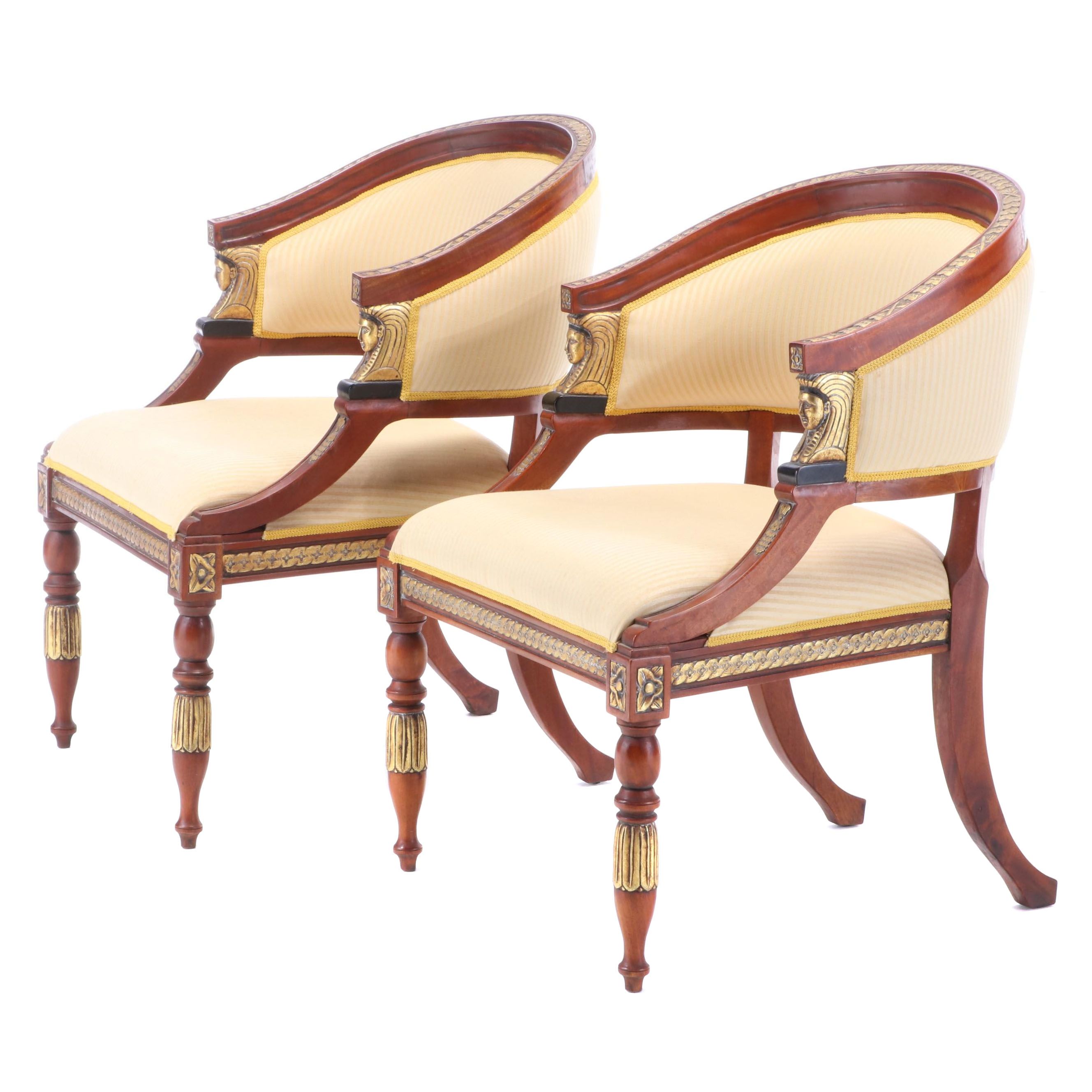 Egyptian Revival Mahogany Upholstered Salon Chairs, Late 20th Century
