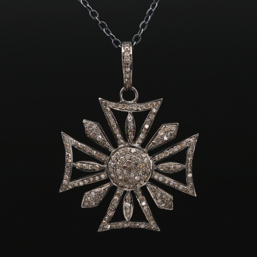 Sterling Diamond Maltese Cross Pendant Necklace