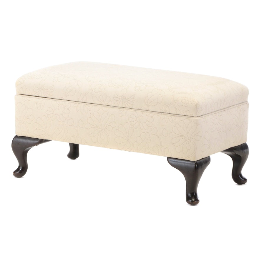 Queen Anne Style Upholstered Mahogany Storage Ottoman, 20th Century