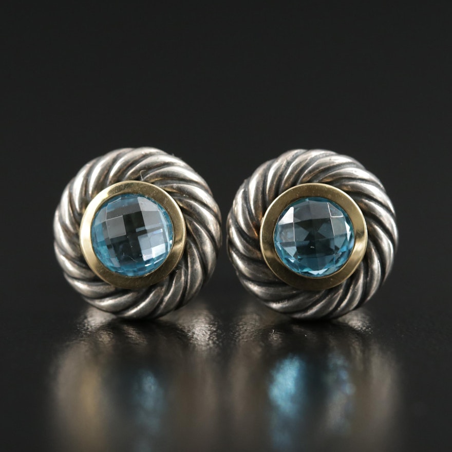 David Yurman Sterling Silver Blue Topaz Earrings with 18K Gold Accents