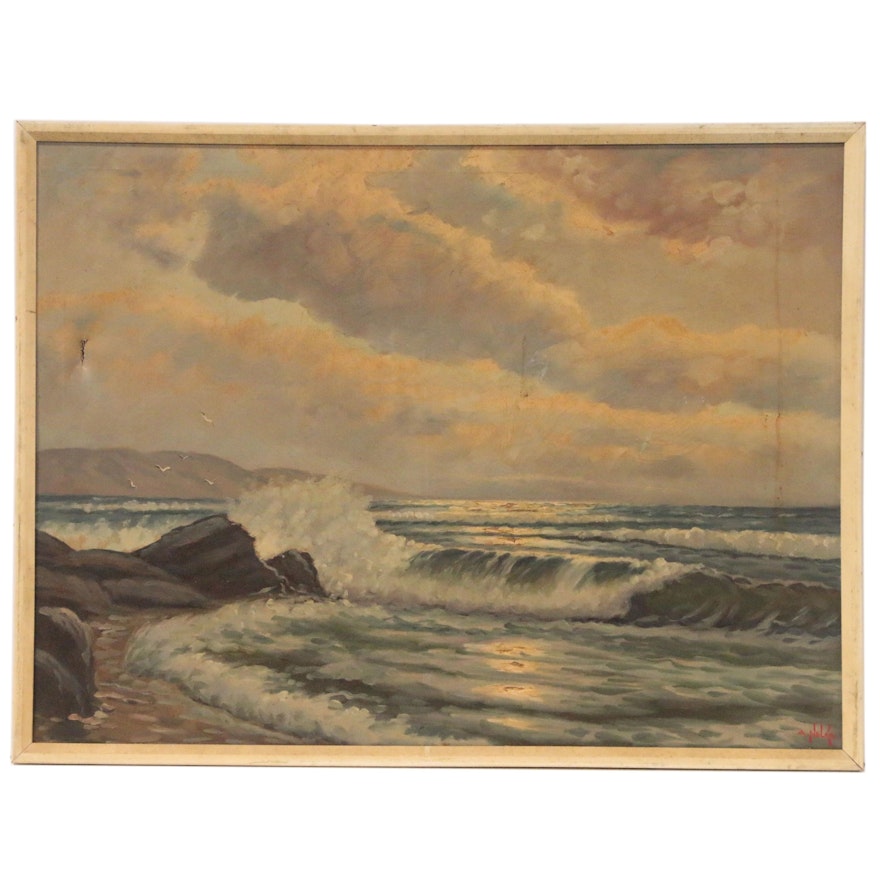 Alexander Nelke Seascape Oil Painting, Mid-20th Century