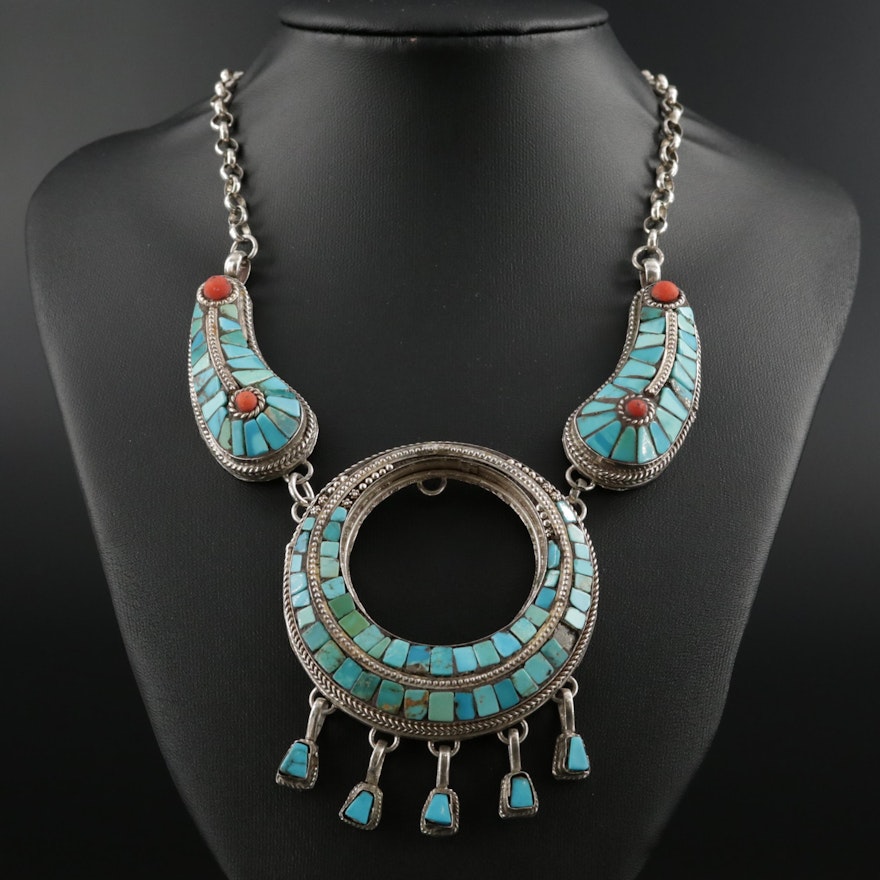 Tibetan Sterling Silver Turquoise and Coral Necklace