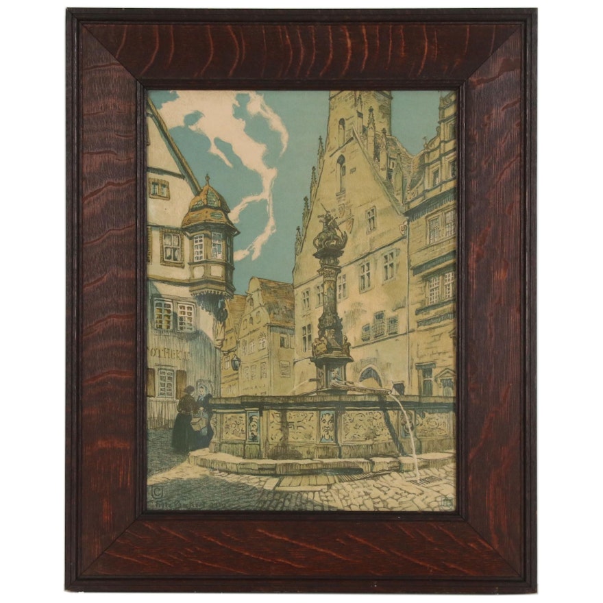 Colored Lithograph of Town Square