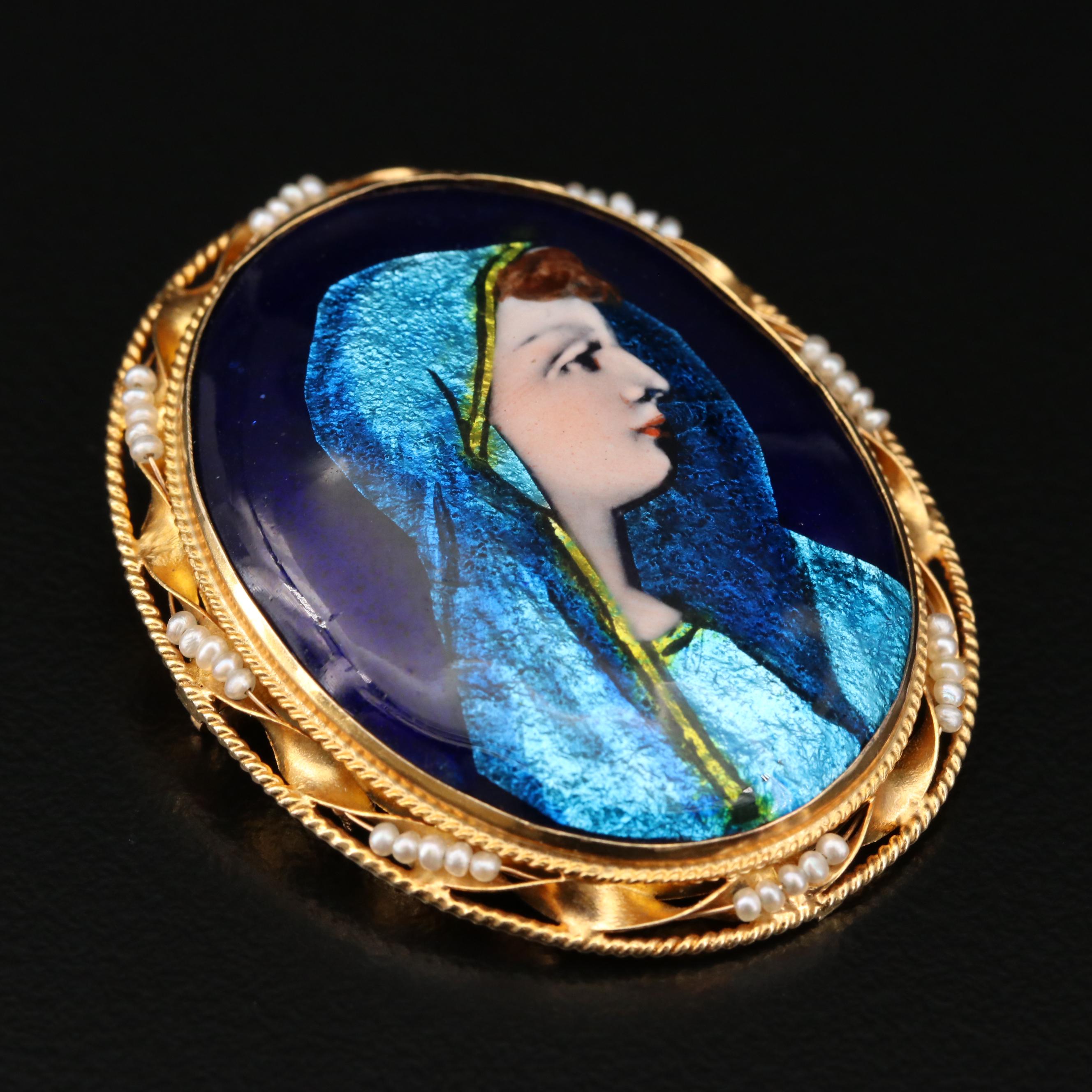 14K Gold Limoges Enamel and Seed Pearl Portrait Converter Brooch