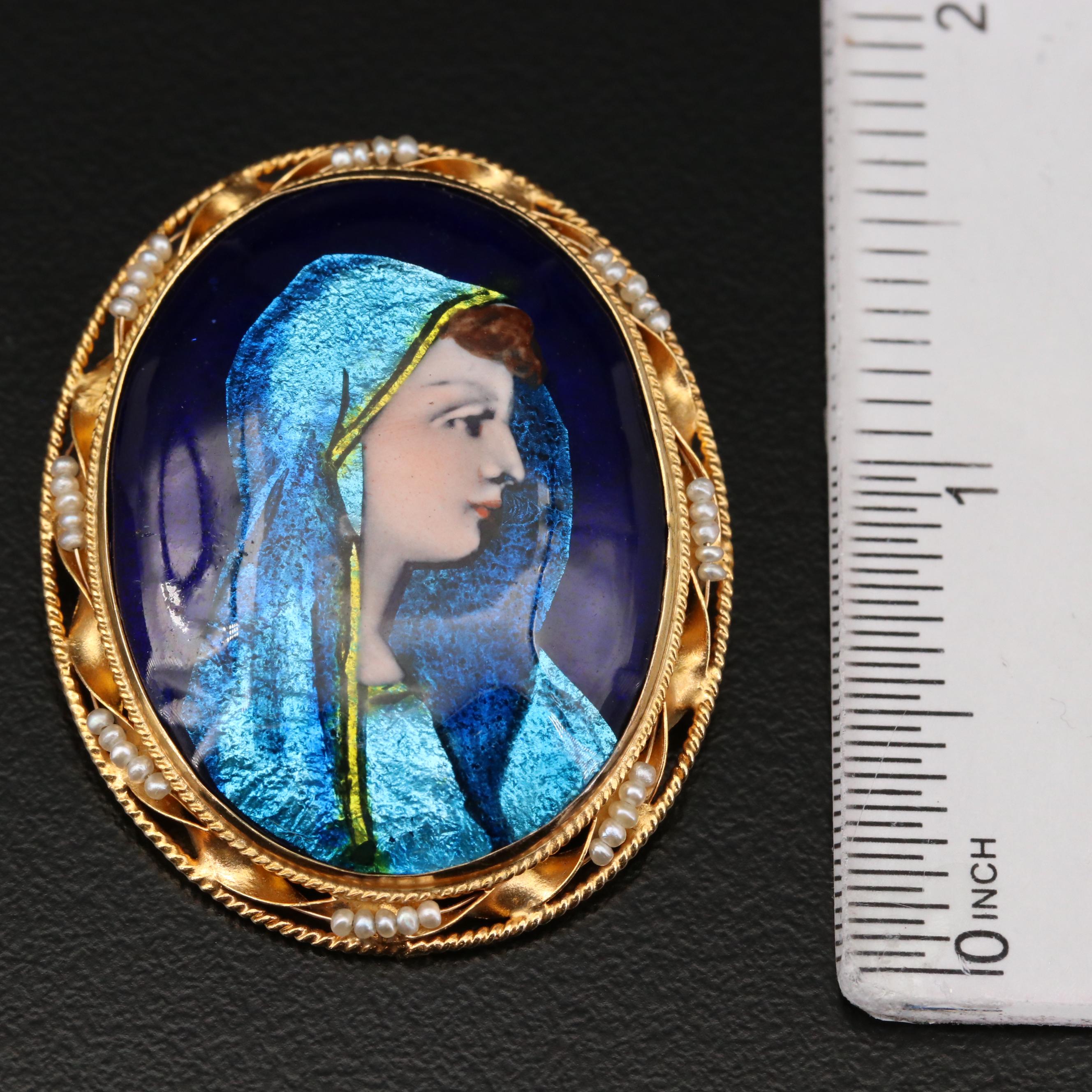 14K Gold Limoges Enamel and Seed Pearl Portrait Converter Brooch
