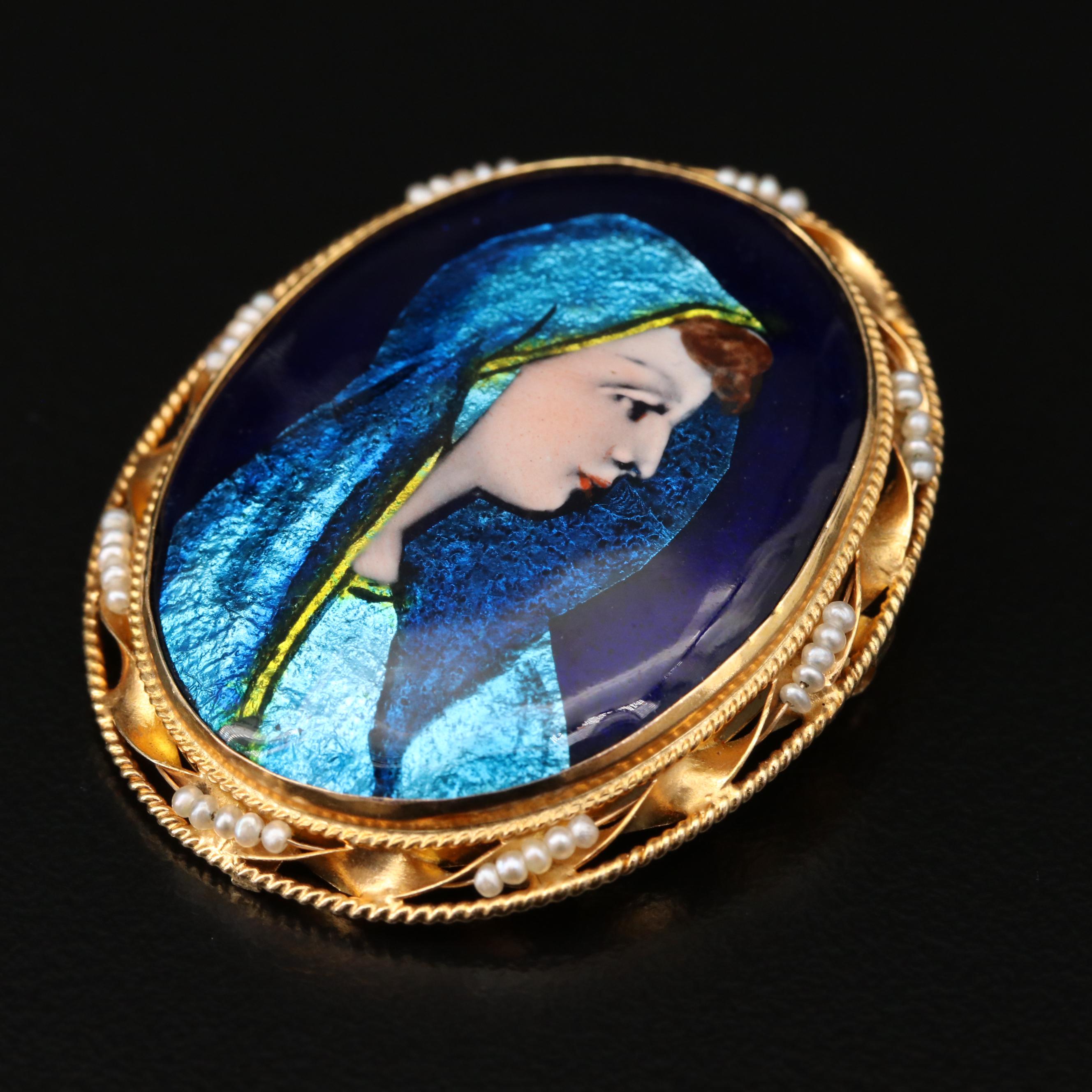 14K Gold Limoges Enamel and Seed Pearl Portrait Converter Brooch