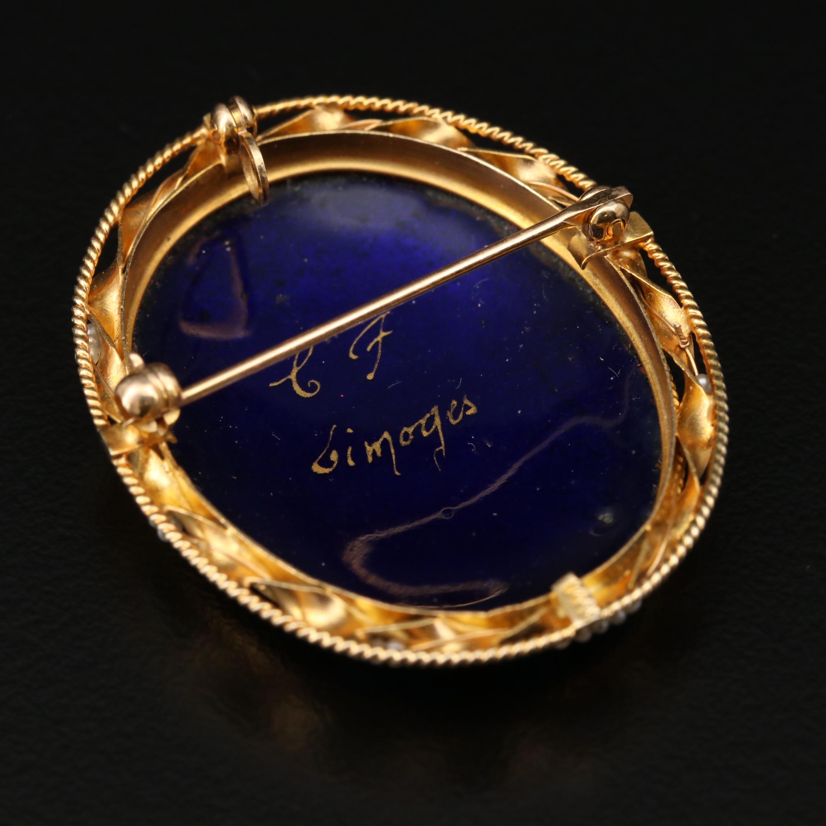 14K Gold Limoges Enamel and Seed Pearl Portrait Converter Brooch