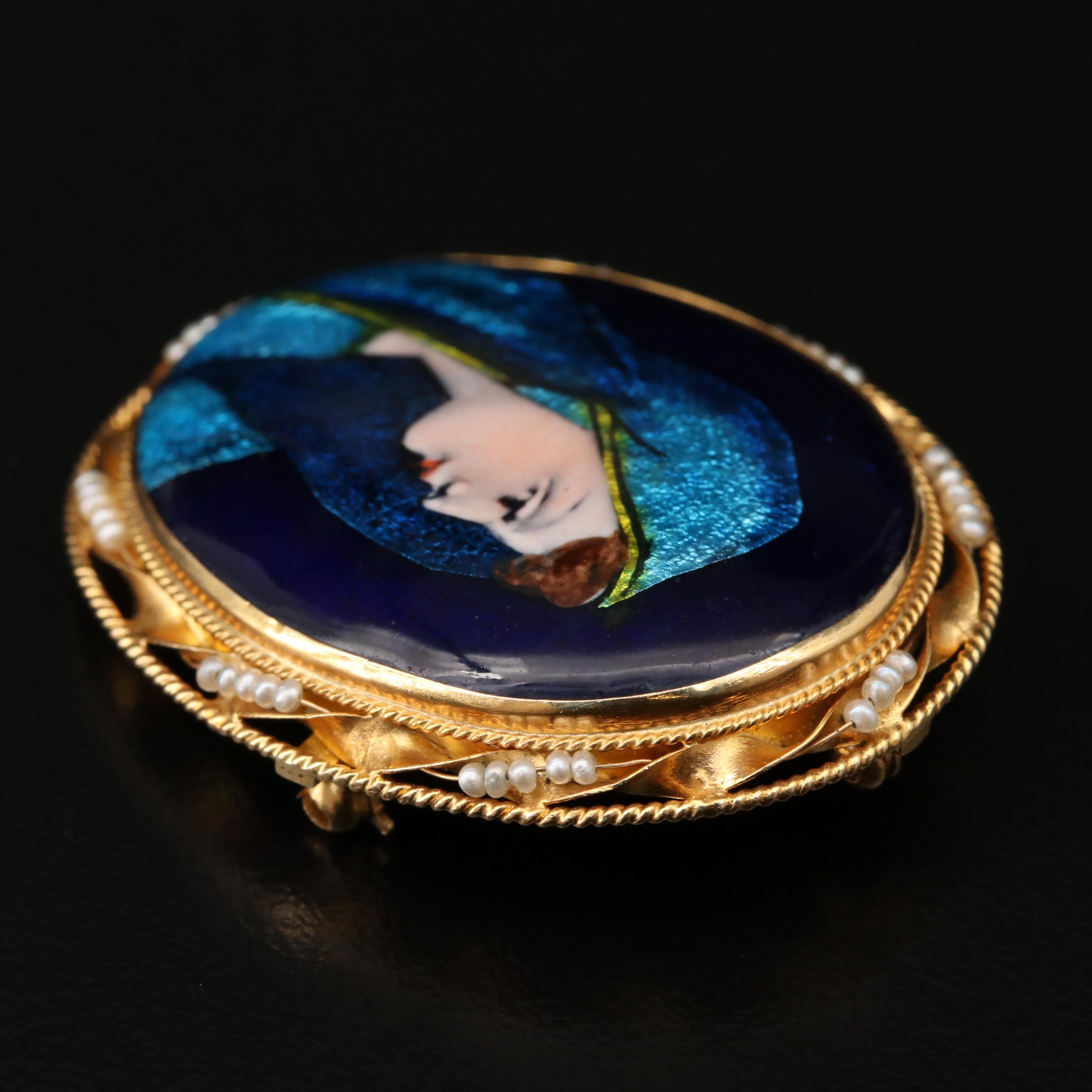 14K Gold Limoges Enamel and Seed Pearl Portrait Converter Brooch