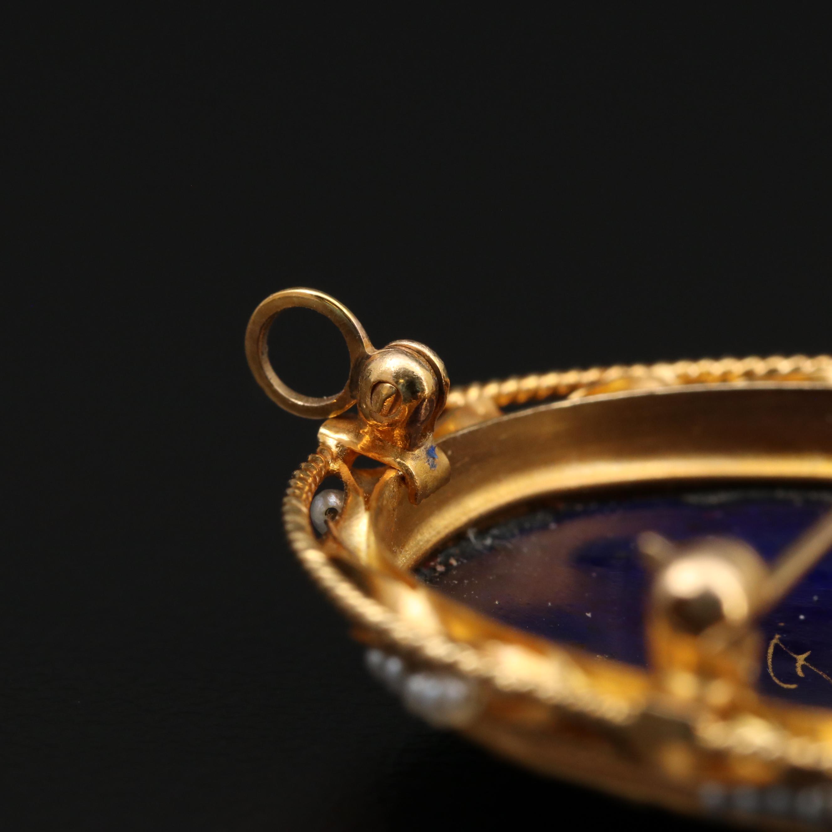 14K Gold Limoges Enamel and Seed Pearl Portrait Converter Brooch