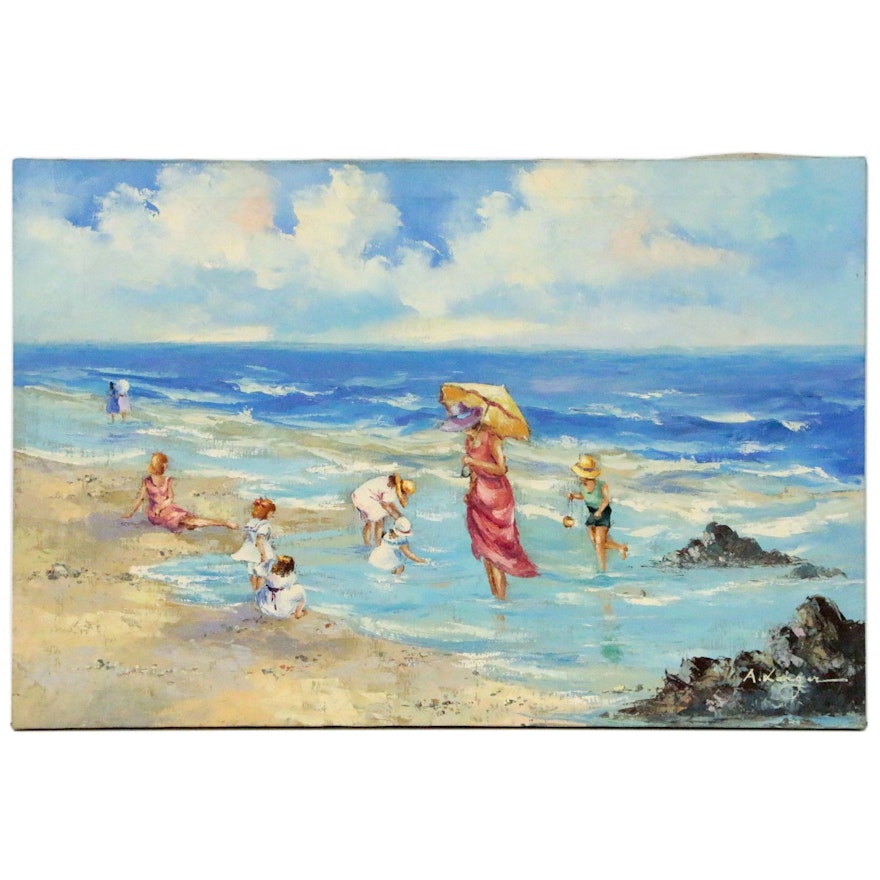 Oil Painting of a Beach Scene, Late 20th Century