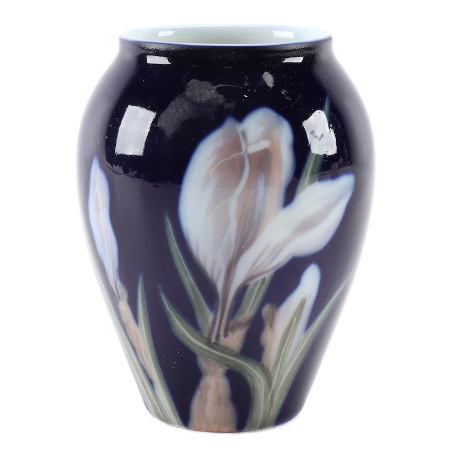 Royal Copenhagen Deep Blue Vase with White Flower, Late 19th/Early 20th Century