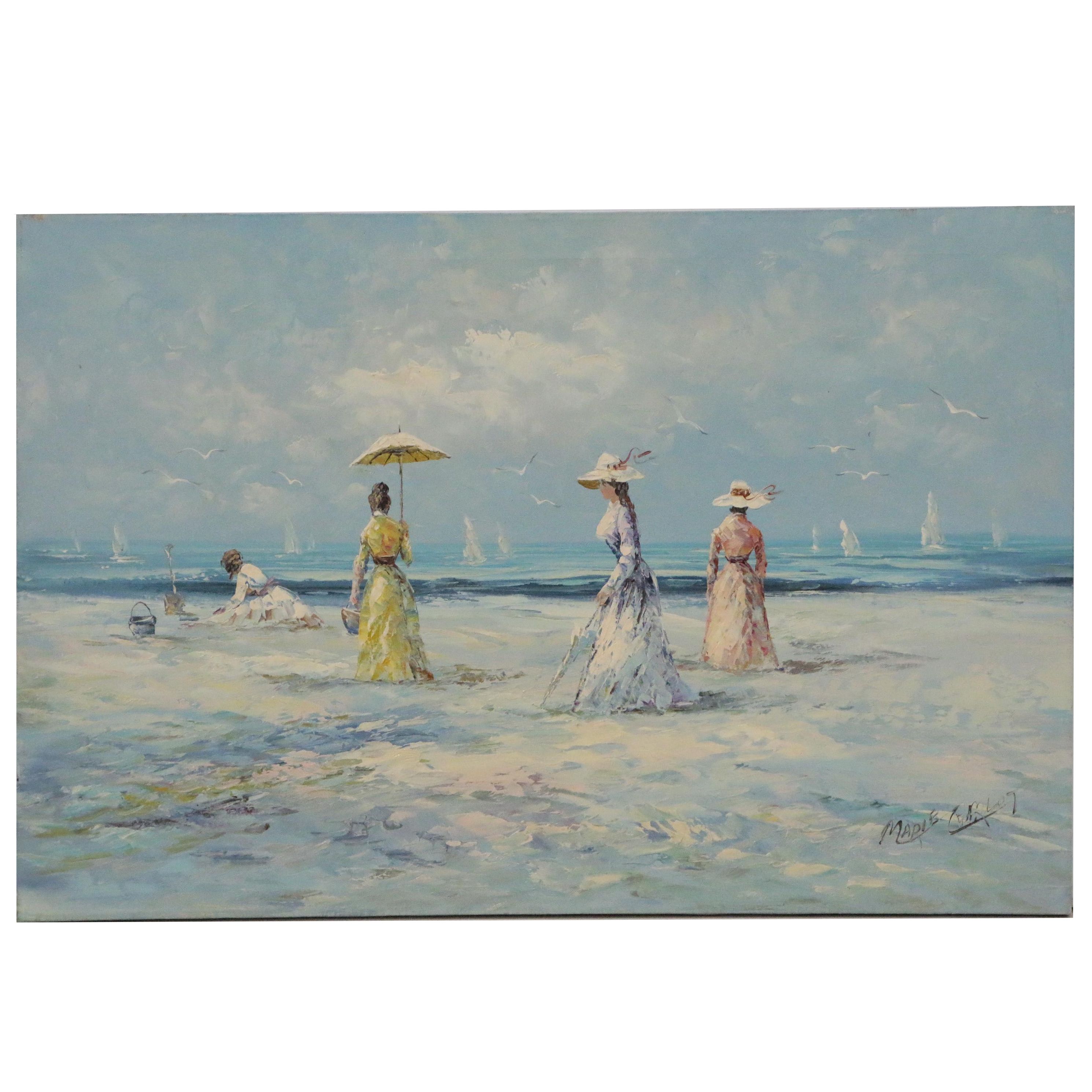 Marie Charlot Oil Painting of a Beach Scene, Late 20th Century