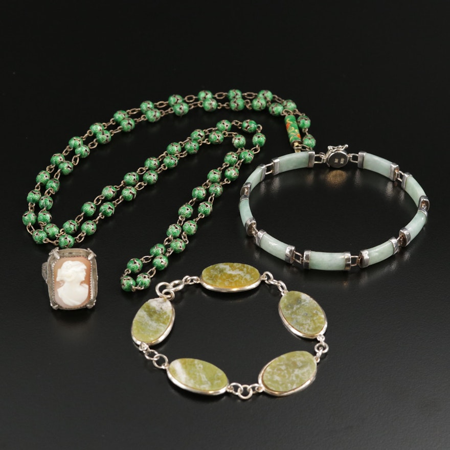 800 and Sterling Silver Jewelry with Helmet Shell, Jadeite and Enamel