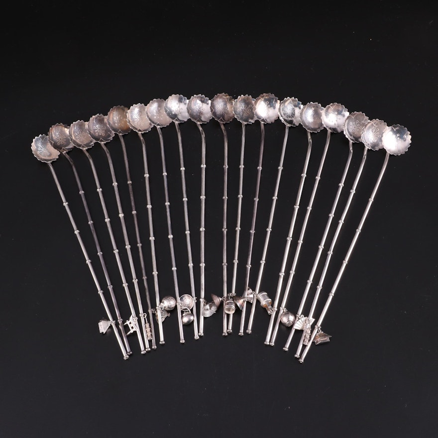 950 Sterling Silver Stir Straws with Lotus and Bamboo Motif