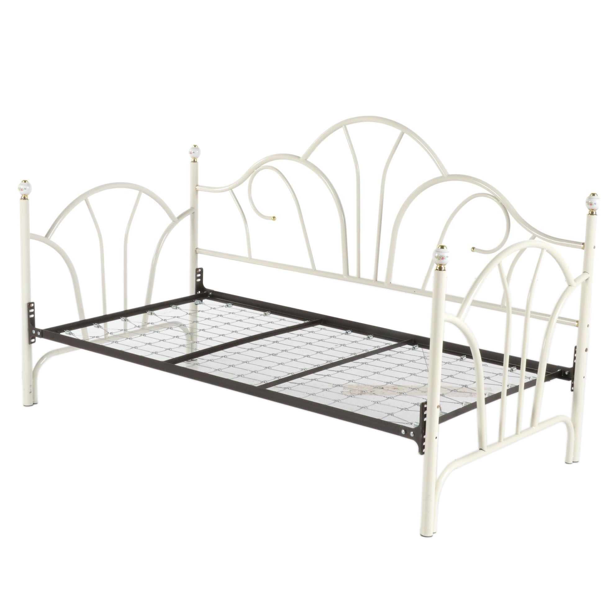 White Metal Twin Sized Daybed with Porcelain Finials, Late 20th Century